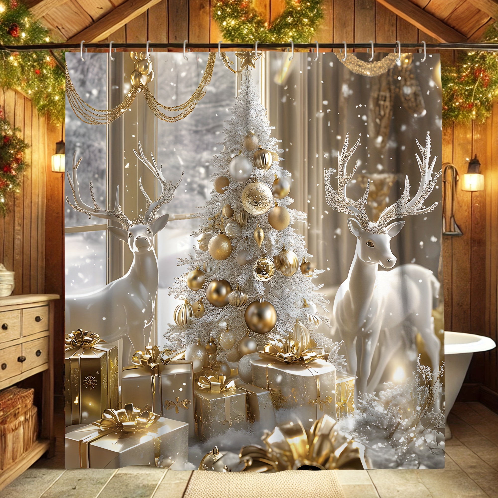 

Merry Christmas Winter Scene Bath Curtain With Deer And , Luxurious Golden And White Pattern, Animal Print, Washable Polyester Bathroom Decor With 12 Hooks For And 2025 New Year Celebration