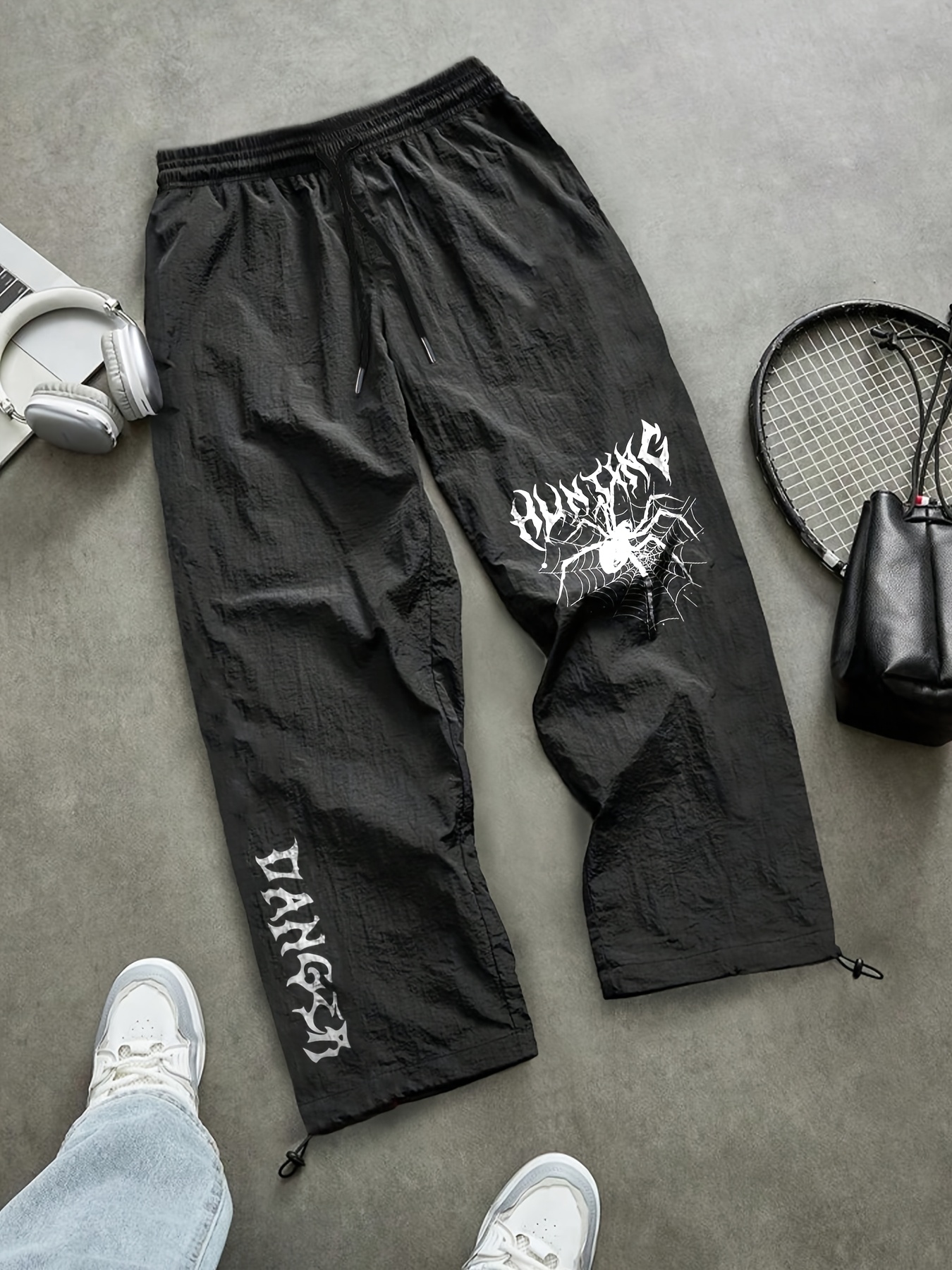 womens black athletic pants with spider letter graphic print breathable quick dry 7 8 length workout trousers elastic drawstring waist for running gym hiking spring summer fall casual sportswear workout pants nontransparent fabric running trousers sporty design   activewear bottoms women black 0
