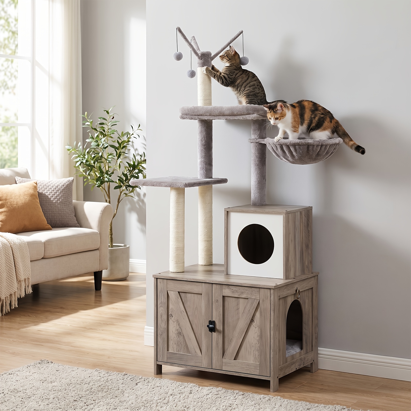 TEMU 150cm All In 1 Cat Tree, Multi Level Cat Tower With Litter Box Enclosure, Scratching Posts Perches For Indoor Cats