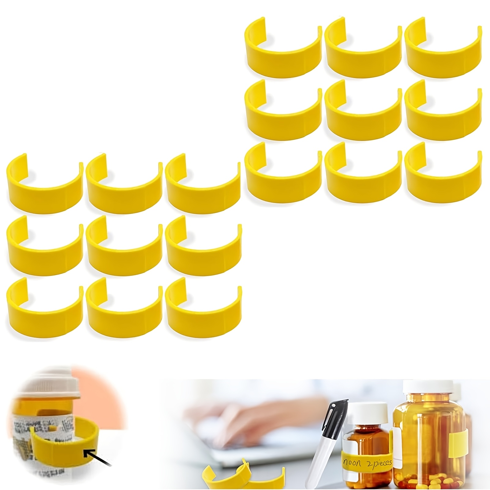 

18pcs Plastic Pill Bottle Clips With Labels & Marker – Yellow Medicine Organizer For Easy Identification, Home Or Travel Use