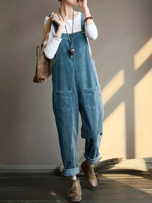 item picture womens solid color corduroy jumpsuit sleeveless casual loose romper with pockets ladies overalls