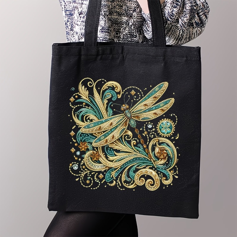 TEMU 1 Set Of Diy Diamond Painting Tote Bag Kit With Diamond Painting Design - Large Size 30cm X 35cm, Reusable Canvas Shopping Bag With Dragonfly