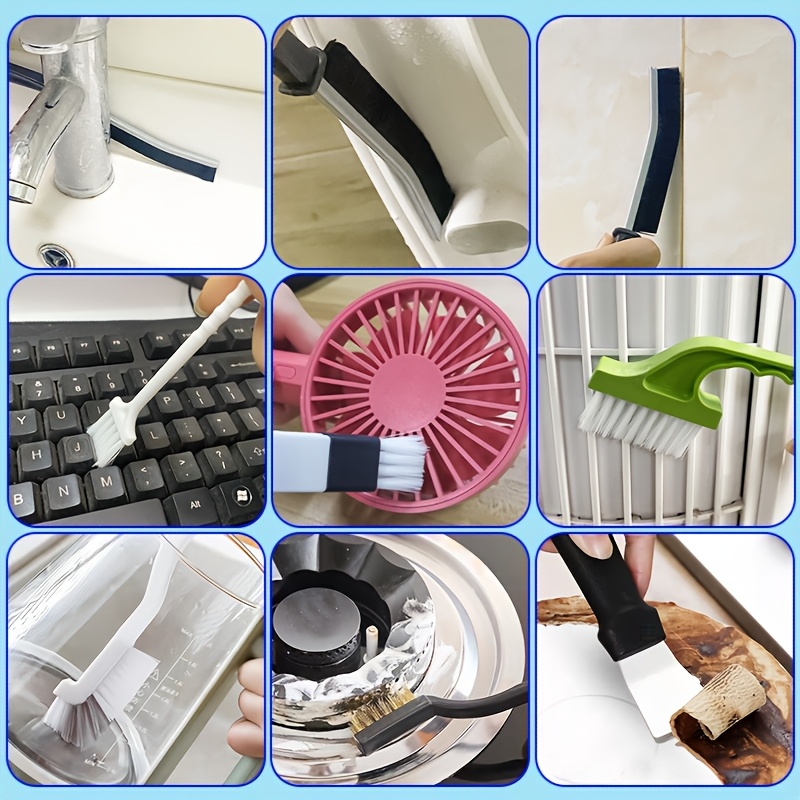 Un juego de 15 cepillos de limpieza, que incluye un cepillo para ranuras de puertas de refrigerador, un cepillo para tazas, un cepillo para limpiar la suciedad, un cepillo para limpiar teclados y un pequeño raspador. Adecuado para limpiar estufas de gas de cocina, tazas de té, batidores y ranuras de ventanas.