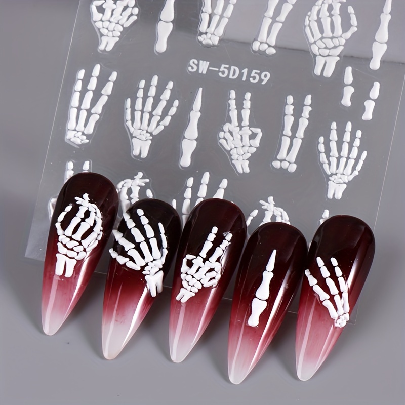 halloween 5d embossed skull hand nail art stickers self adhesive sparkle finish diy manicure decals for festive nail designs nail stickers for nail art nail decorations details 6