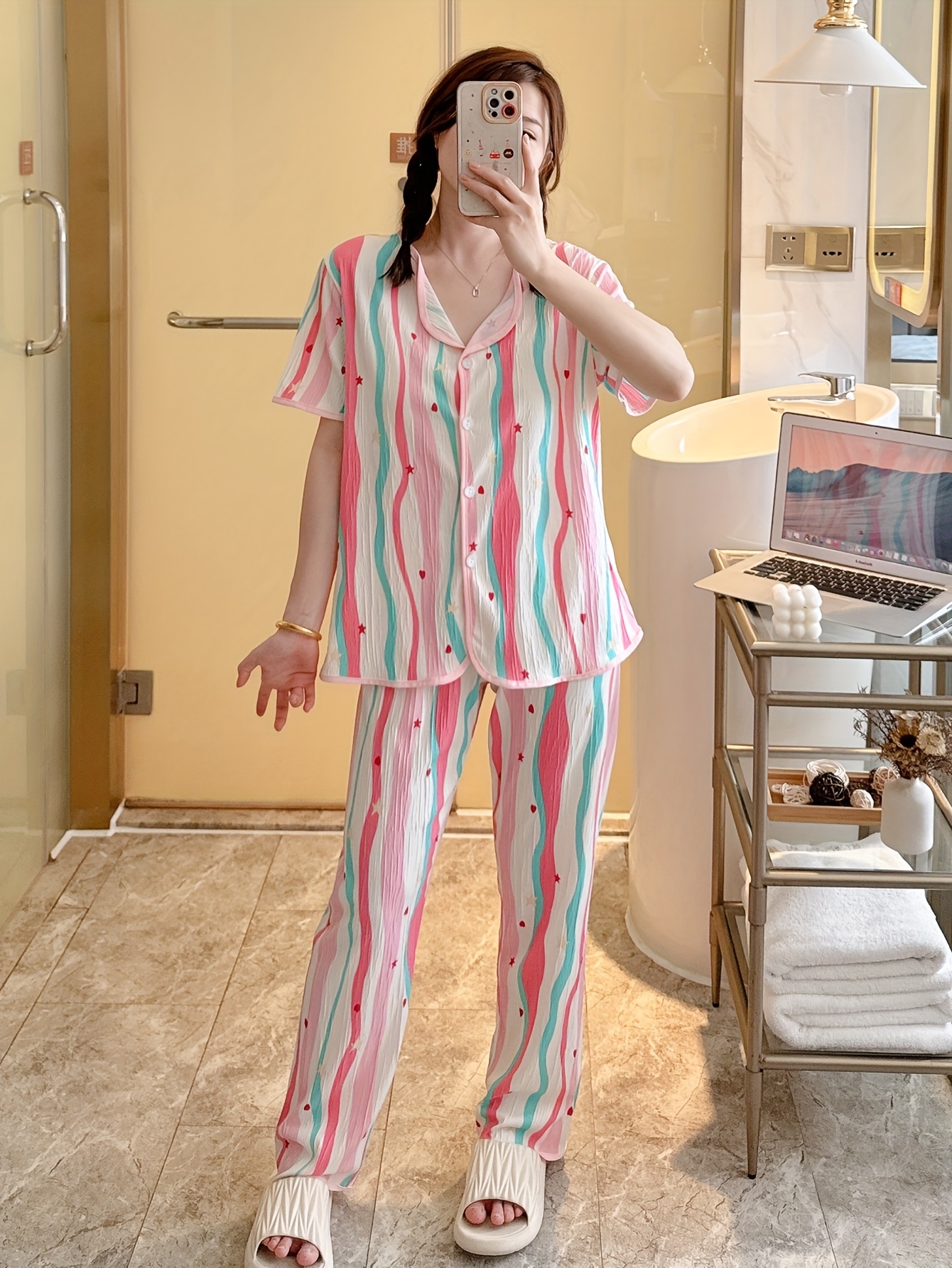 womens 3pcs pajama set with short sleeves long pants and shorts striped   style polyester material suitable for spring summer and fall mixed color 3