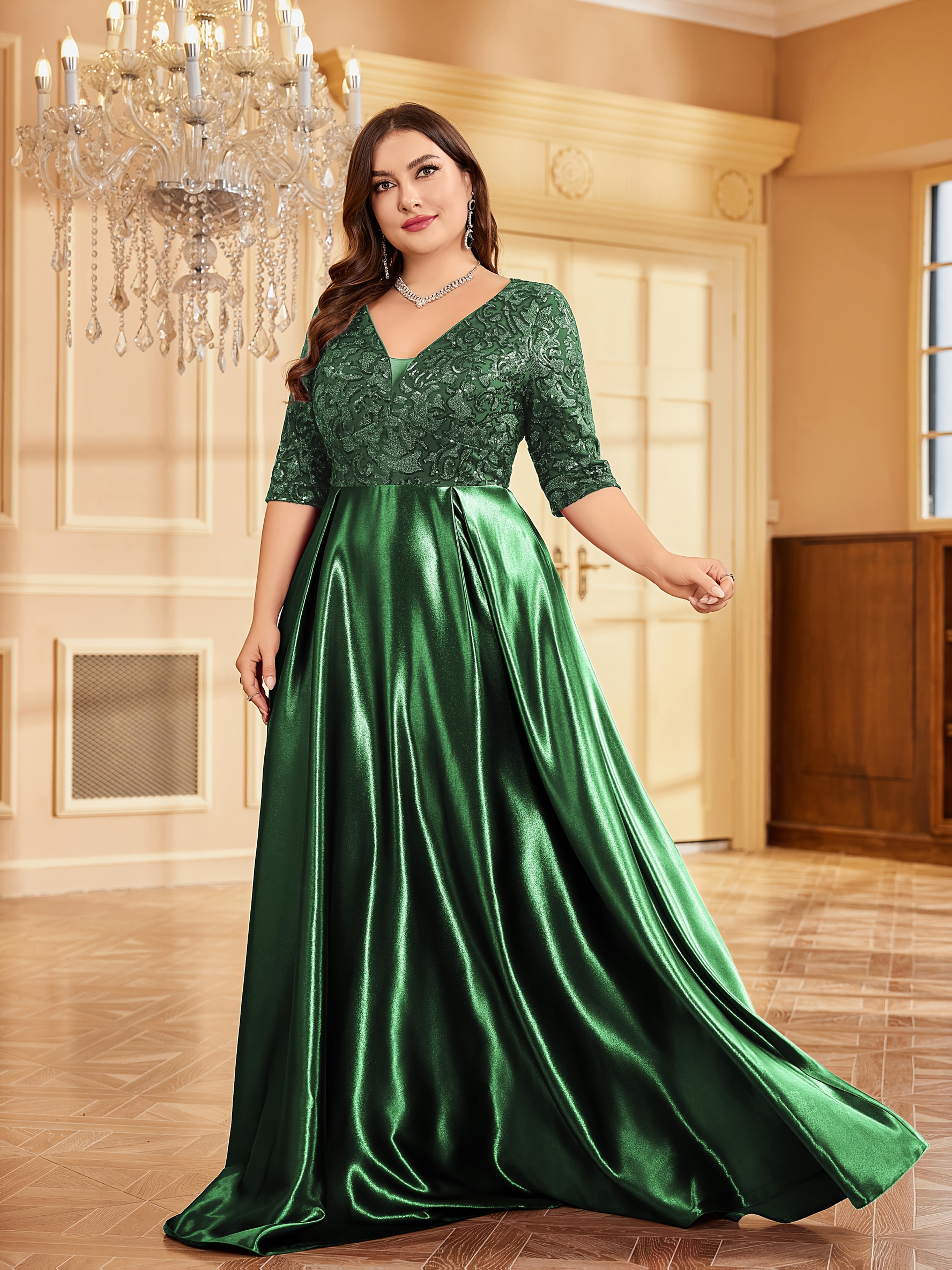 silk dresses with long sleeves Xscape Plus Size Satin Long Sleeve Faux Wrap Gown, Womens, 22W, Black