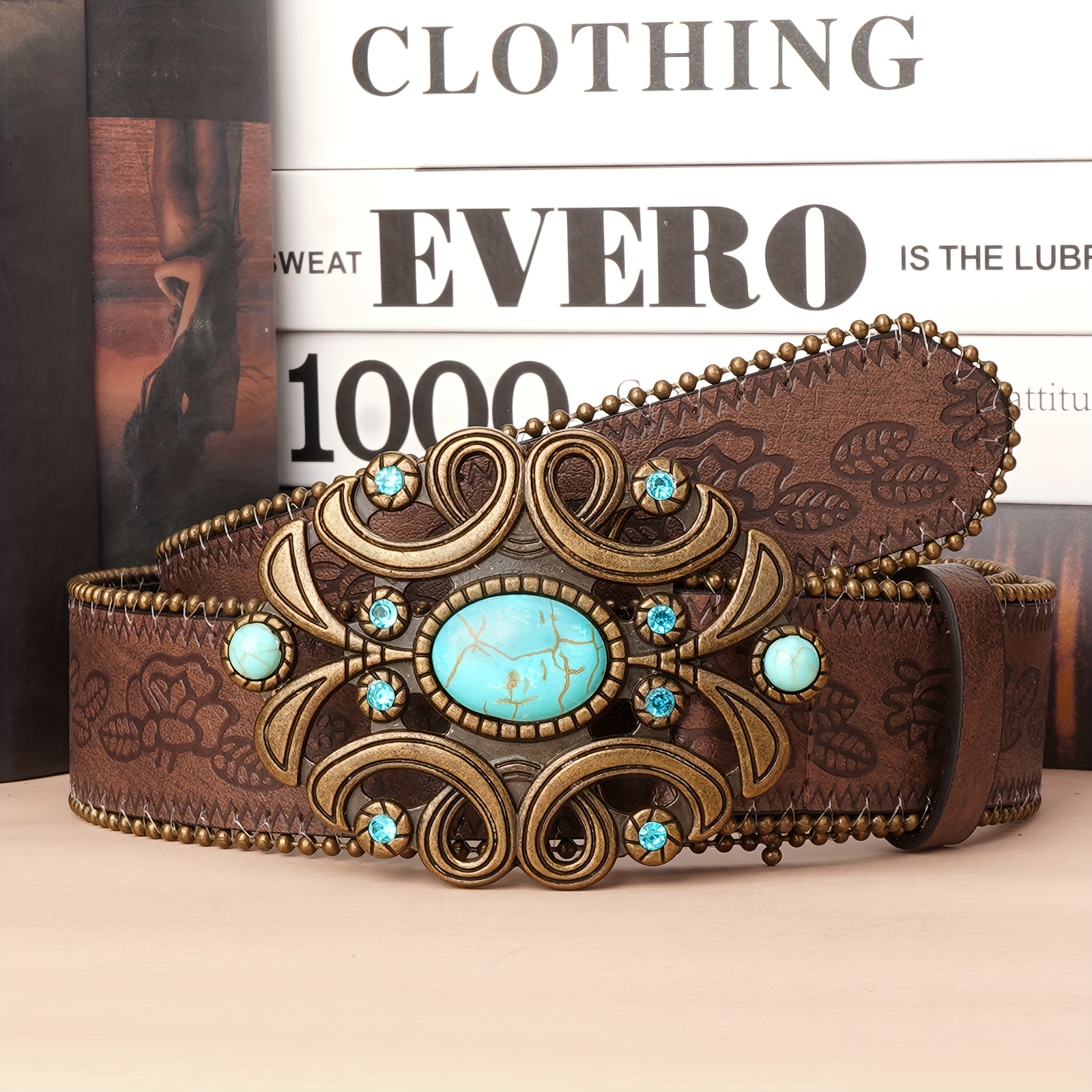 TEMU Women's Western Style Blue Turquoise Printed Belt With Buckle, Suitable For Jeans And Western Outfits, With Exquisite Flor Pattern, Light Brown
