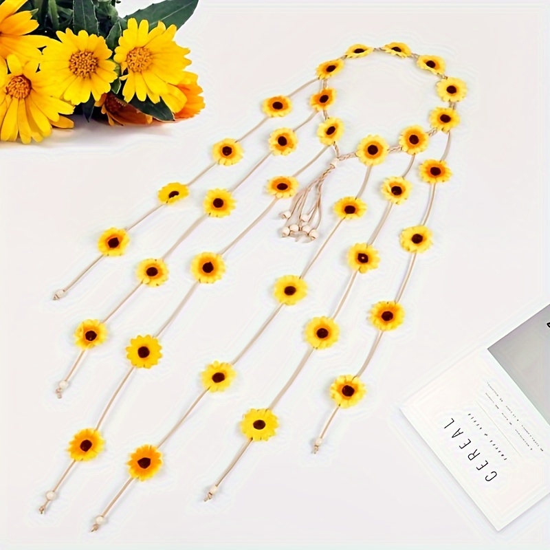 Image of Bohemian Sunflower Headband For Women, Adjustable Beaded Hair Rope, Plastic Floral Crown, Solid Color Daisy Hair Accessory, Single Individual Piece, 1970s & 1960s Fashion