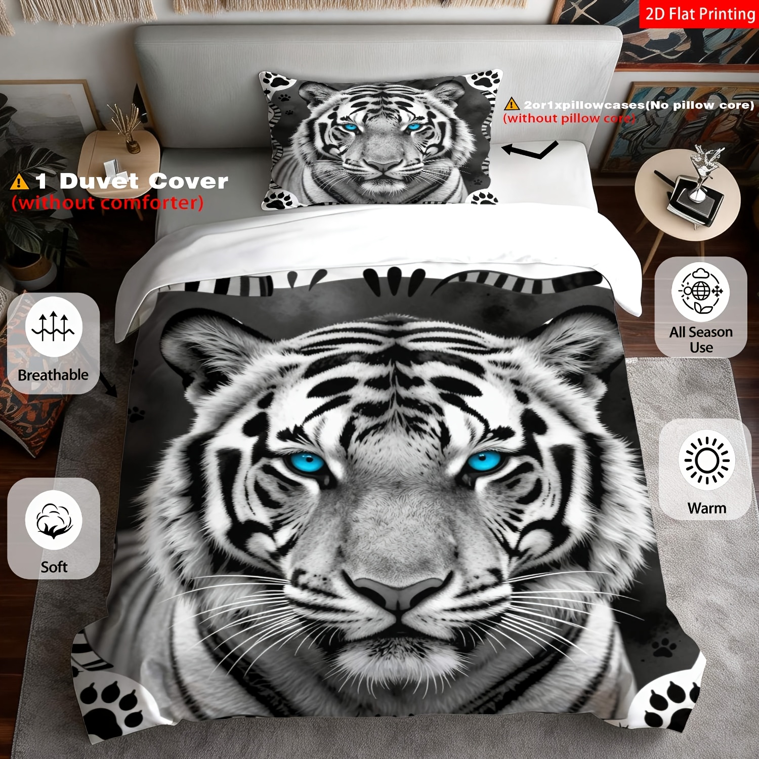 TEMU 2pcs/3pcs Modern Tiger Bedspread Suitable For Occasions - Black White Paw Print Quilt Cover With Pillowcases, Zipper Closure Bed Sheets For,