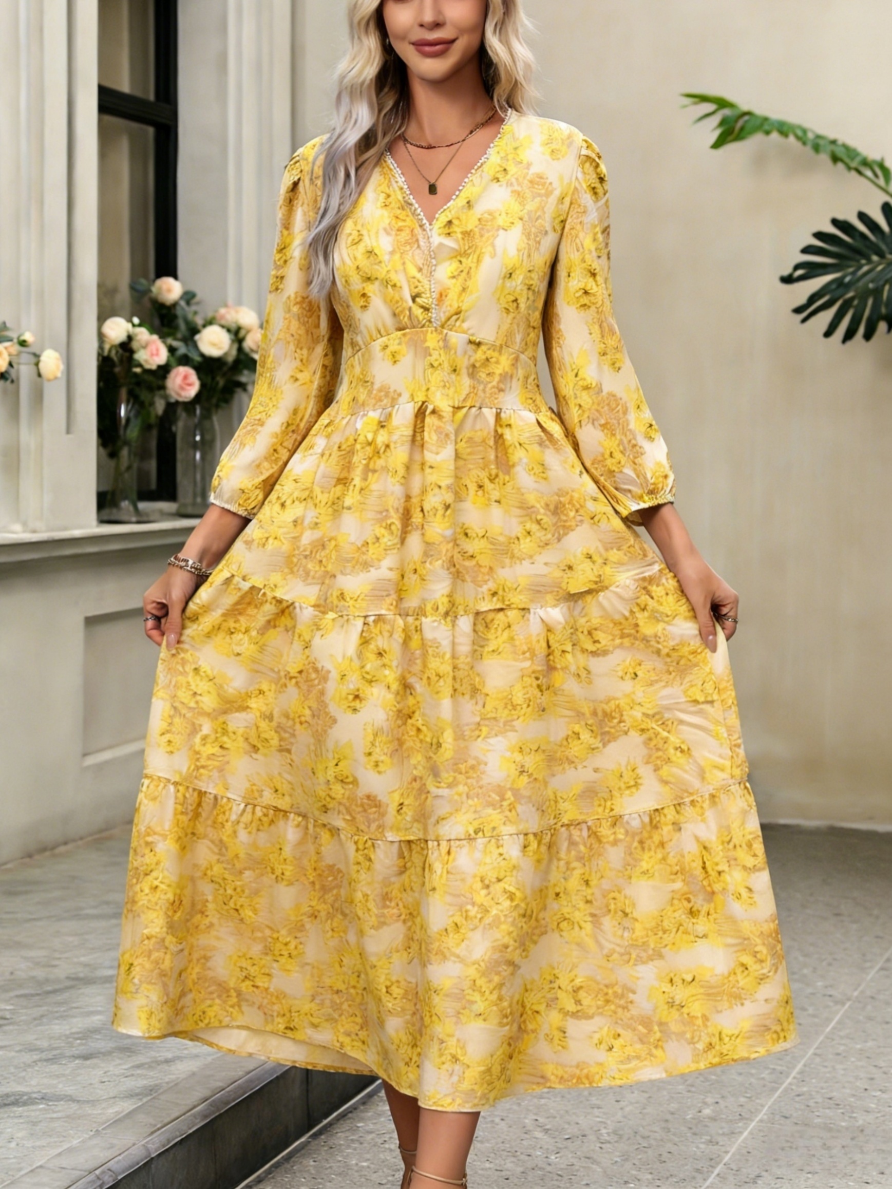 chinese dress ladies Lace Ladies Simple plain waist shirred maxi dress