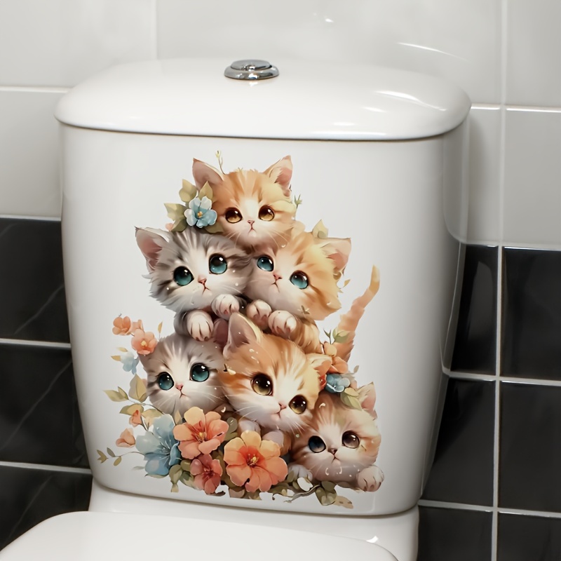 

1pc Waterproof Self-adhesive Toilet Stickers With Cute Kitty Design, Bathroom Decor, Home Decor, Wall Stickers, Door Stickers, Refrigerator Stickers, Window Stickers