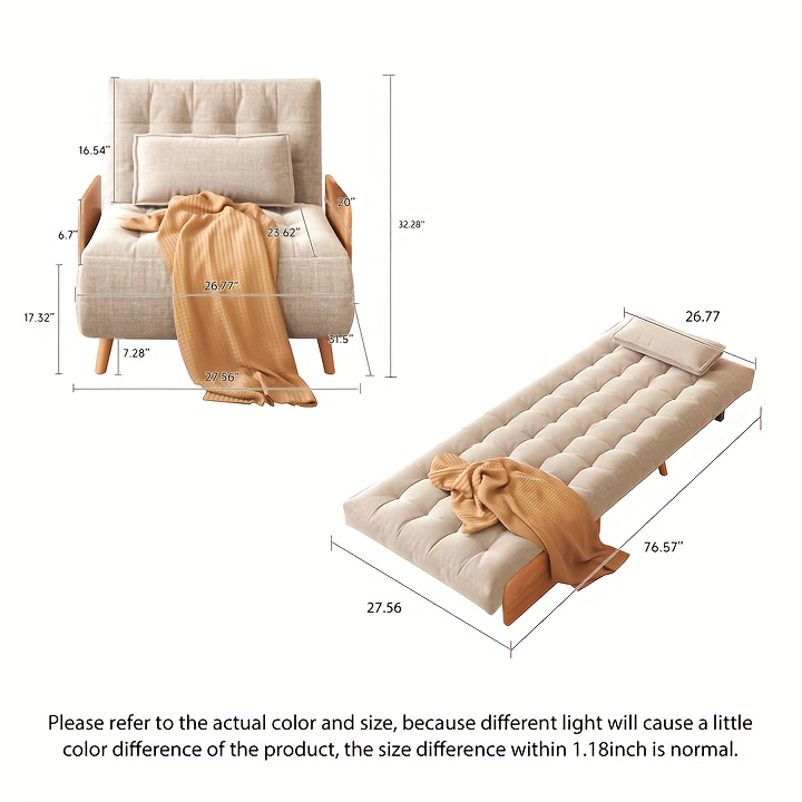1 Modern Cotton And Linen Convertible Sofa Bed with 5 Adjustable Backs, Adjustable Height Pillows - Living Room Recliner, Single Or Double Use, Living Room Furniture Sofa | Neutral Home Decor | Wood Frame Sofa (Beige/Coffee)