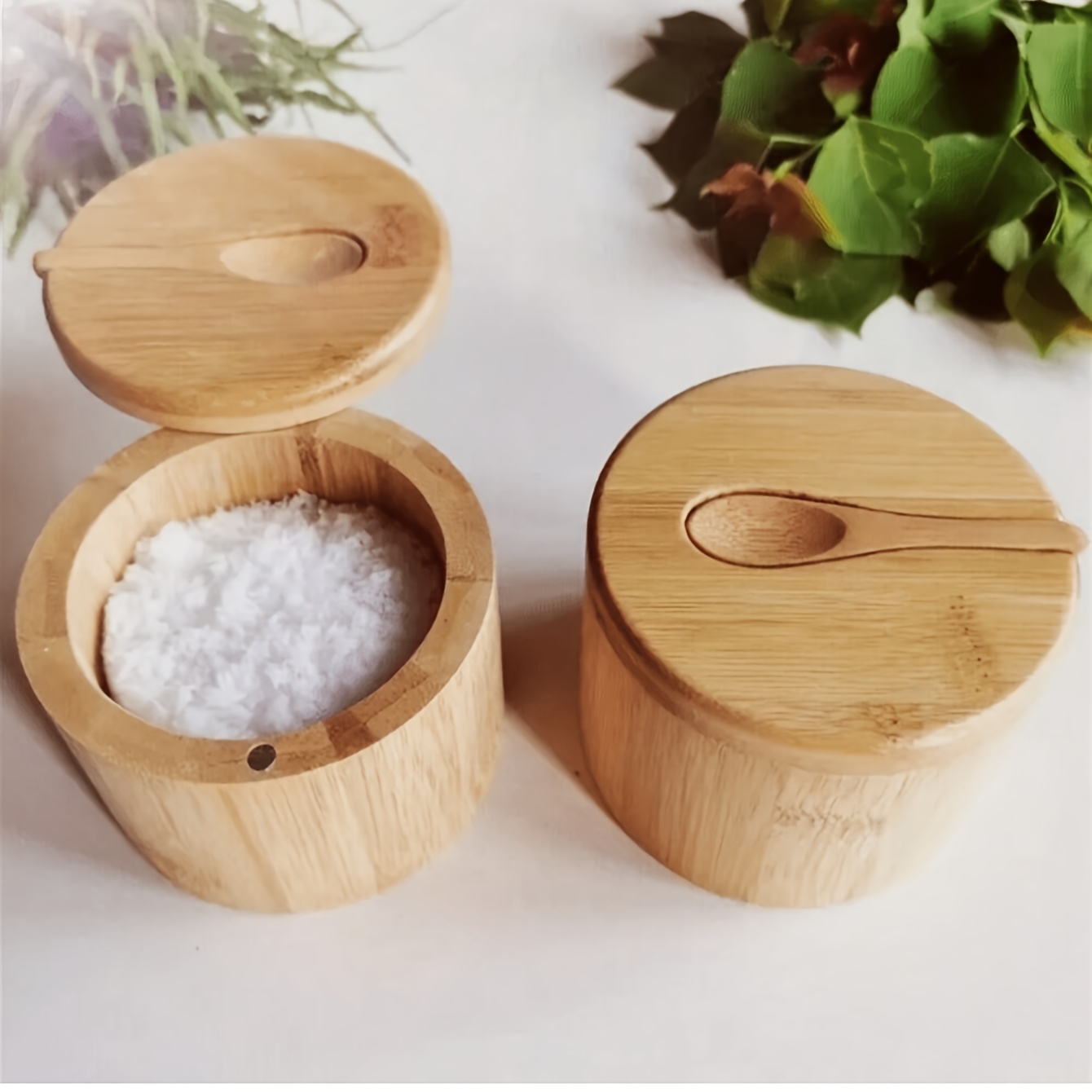 1pc wooden spice jar with latch lid and spoon microwave safe reusable round storage container for coffee beans tea   seasonings pepper   multipurpose kitchen organizer details 0