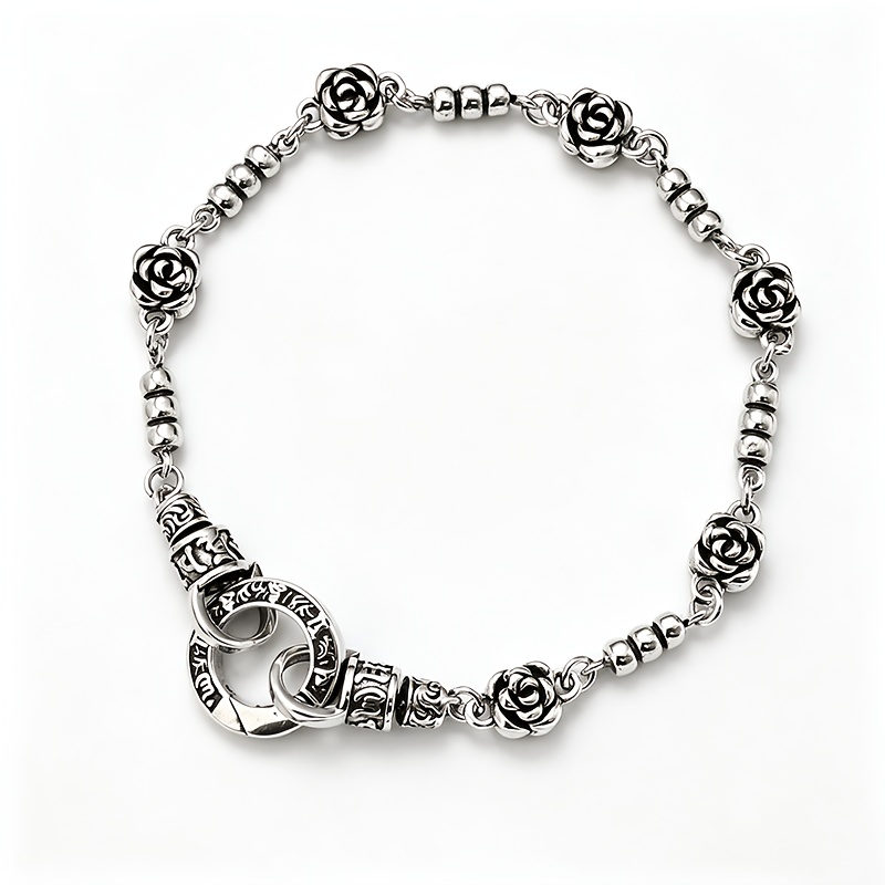 Image of 1pc S925 Silvery Retro Distressed Rose Round Bead Bracelet, Double Ring Engraved Pattern High-quality Silvery Jewelry, Suitable For Men And Women For Daily, Festival, Party Gifts.