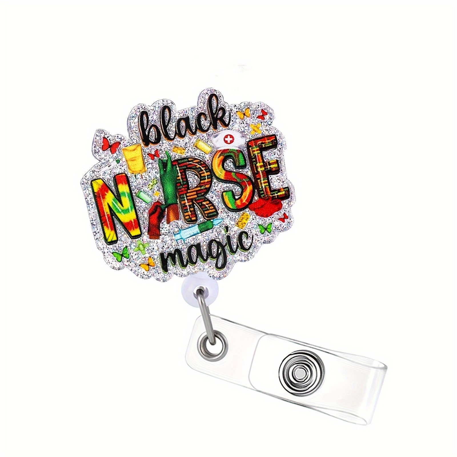 1pc Nurse Retractable Badge Reel with Clip, Cute Badge Funny Glitter Badge Reel Gift for Rn LPN Nurse Doctor Assistant Medical Staff,Temu