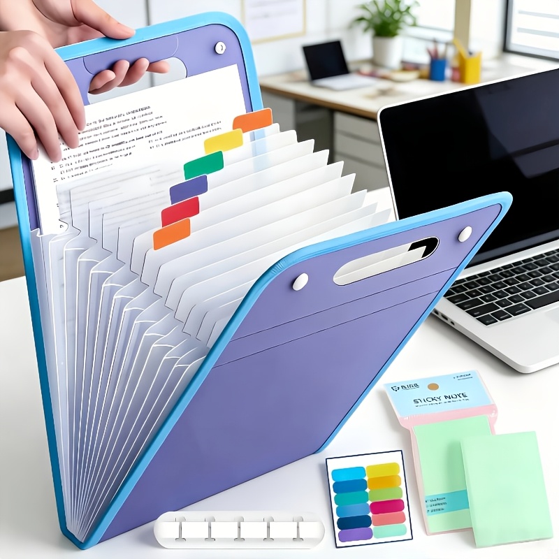 TEMU 4pcs Folder (1pc File Bag And 1pc Note Sticker And 1pc Threader And 1pc Classification Sticker) - Portable And Durable A4 Folder, Suitable For