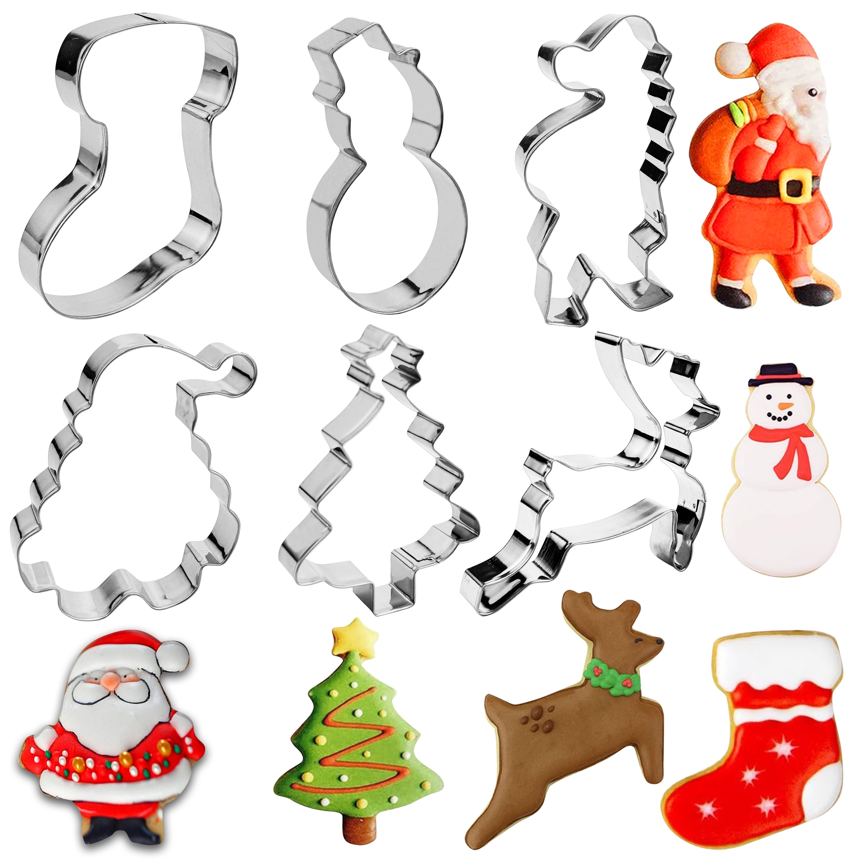 

Christmas Cookie Cutter Set, 6pcs Stainless Steel Cookie Cutter Knife Shapes: Santa Claus 2pcs, Christmas Tree, Socks, Snowman, Reindeer, Western Festival And Daily Use Baking Molds