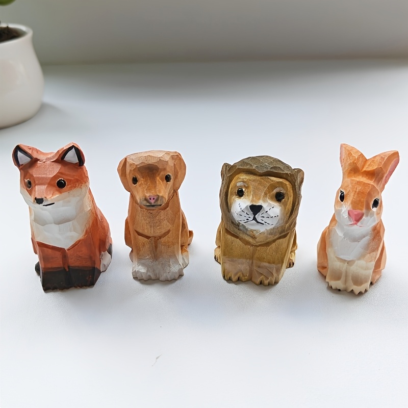 Image of A Set Of 4 Adorable Wooden Carvings Featuring Forest Animals, Perfect For Home Or Office Desk Decoration, Making Them Great Gifts For Thanksgiving And Christmas