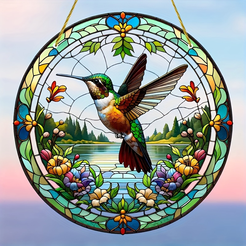 

1pc Hummingbird Stained Glass Effect Suncatcher - Vibrant Round Acrylic Hanging Decor With Lanyard For Window, Porch & Wall - For Indoor & Outdoor Garden, Home Balcony, Or Patio, Bird Decor