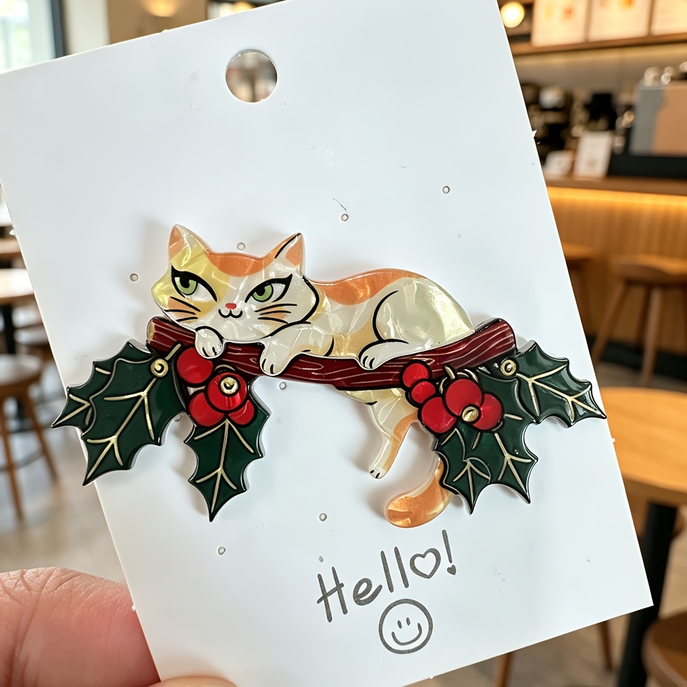 TEMU 1pc Christmas Cat Acrylic Brooch, Cute Kitten Pin, Vintage Cartoon Accessory
