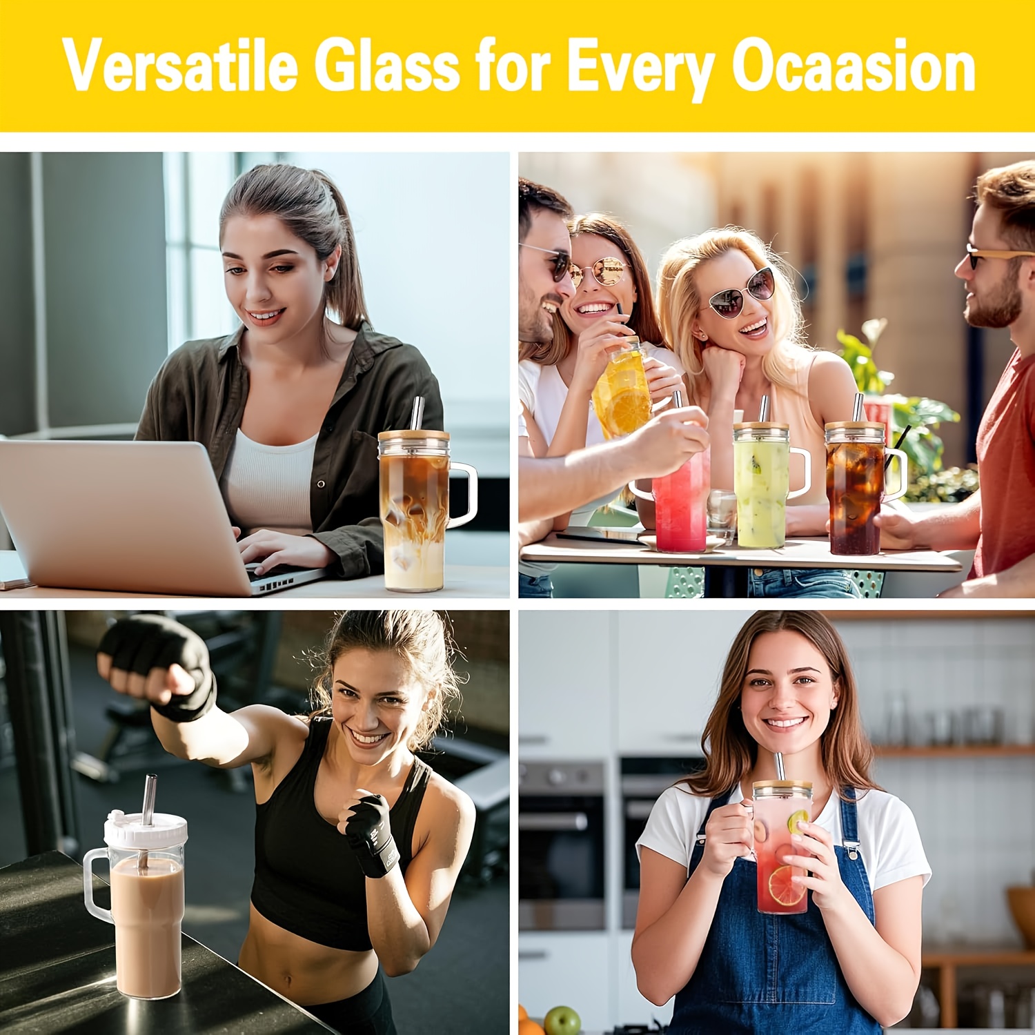 2 4pcs 24oz glass tumbler with lid straw reusable freezer safe round drink mug for iced tea coffee and cold beverages   christmas halloween thanksgiving diwali and   celebrations festive drinkware round tumbler durable glassware coffee tumbler Product details 4