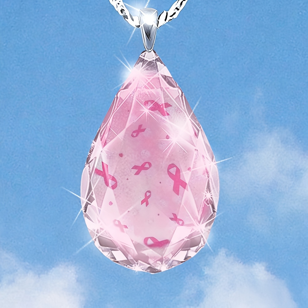 TEMU A Pink Ribbon Pendant Necklace Made Of Teardrop-shaped Glass For Women, Offering A Touch Of , Perfect For Daily Use And