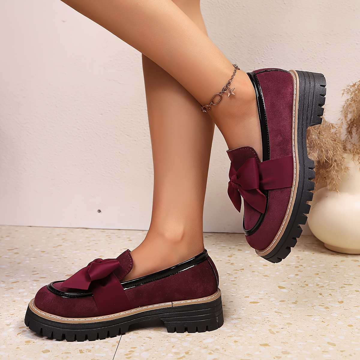 Ladies' Solid Color Bow Thick-Soled Comfortable Loafers, Versatile Shoes