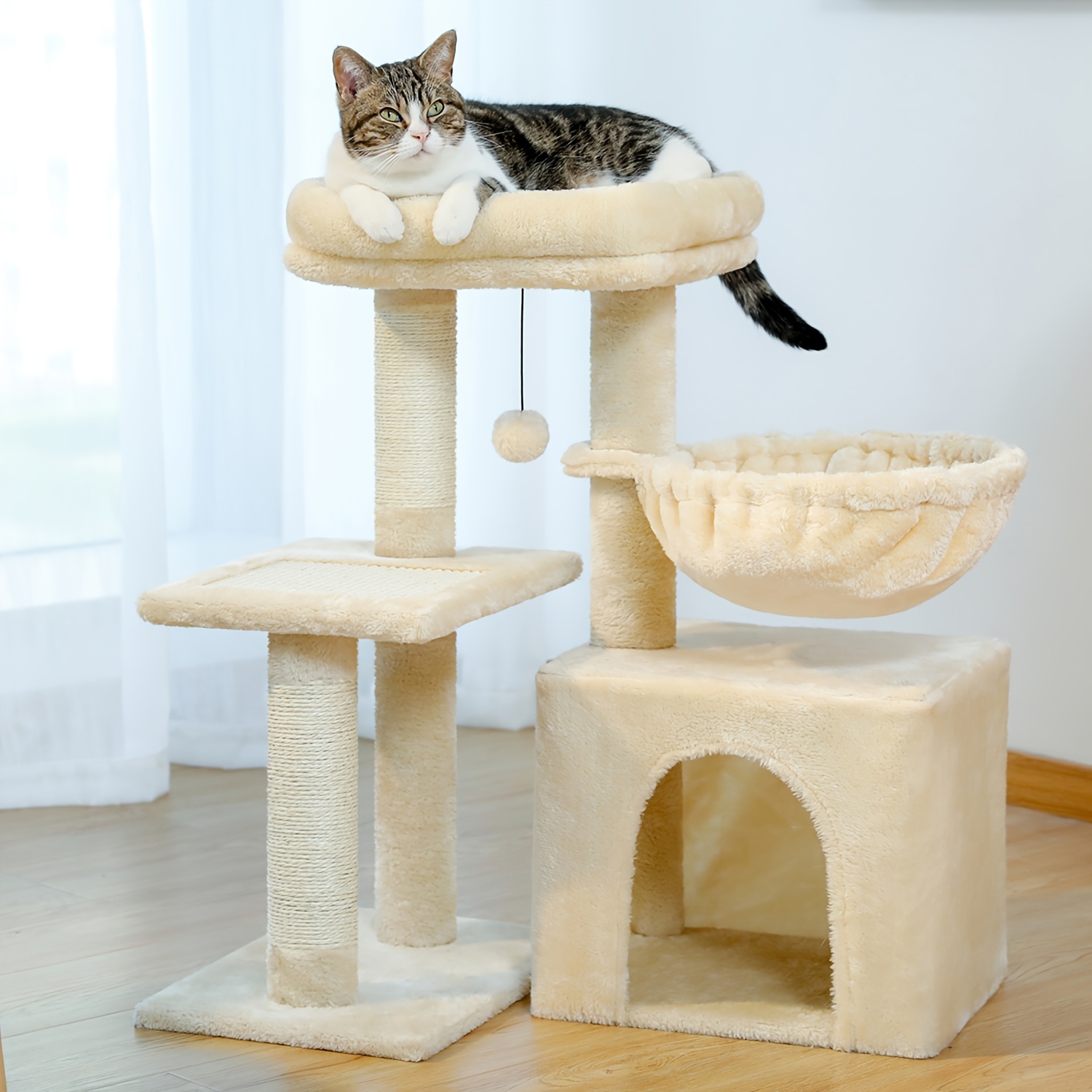 TEMU Small Cat Tree, Cat Tower For Indoor Cats, 2 Styles Cat Activity Tree With Cat Scratching Posts, Big Hammock And Removable Top Perch, Grey, Beige