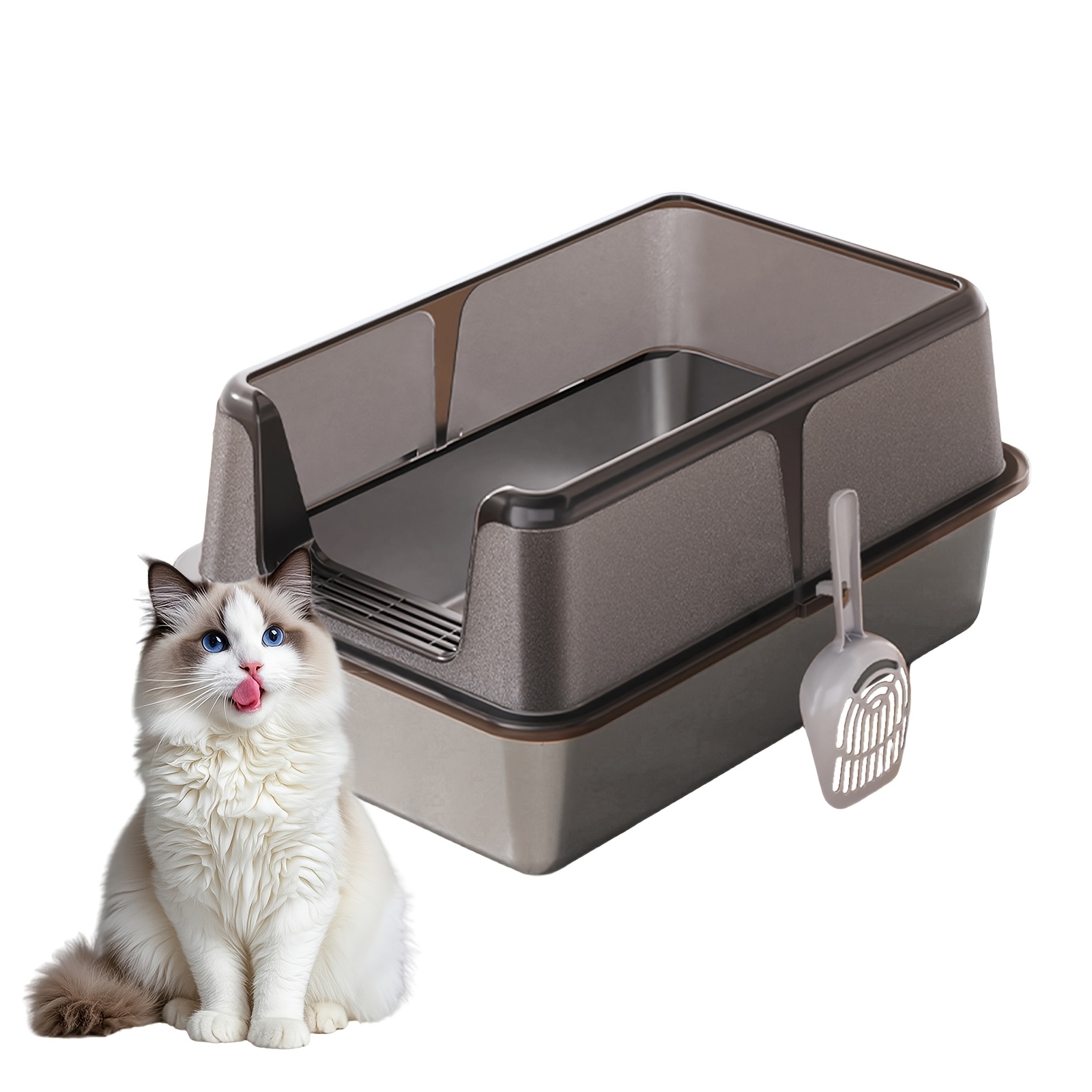 TEMU XXL Roestvrijstalen Kattenbak, Extra Open Kattenwastafel met Hoge Zijkanten & Schep, Stevige Stabiele Lekvrije -Aanbak Metalen Kattenbakschaal,