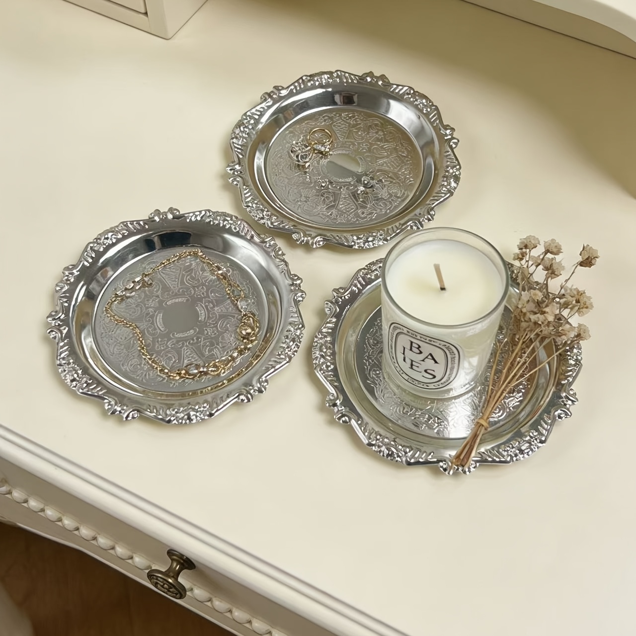 TEMU 3pcs Elegant And Decoration Tray, Jewelry Tray, Aromatherapy Candle Tray, Metal Material Home Decoration Boutique Ornaments, Christmas Holiday