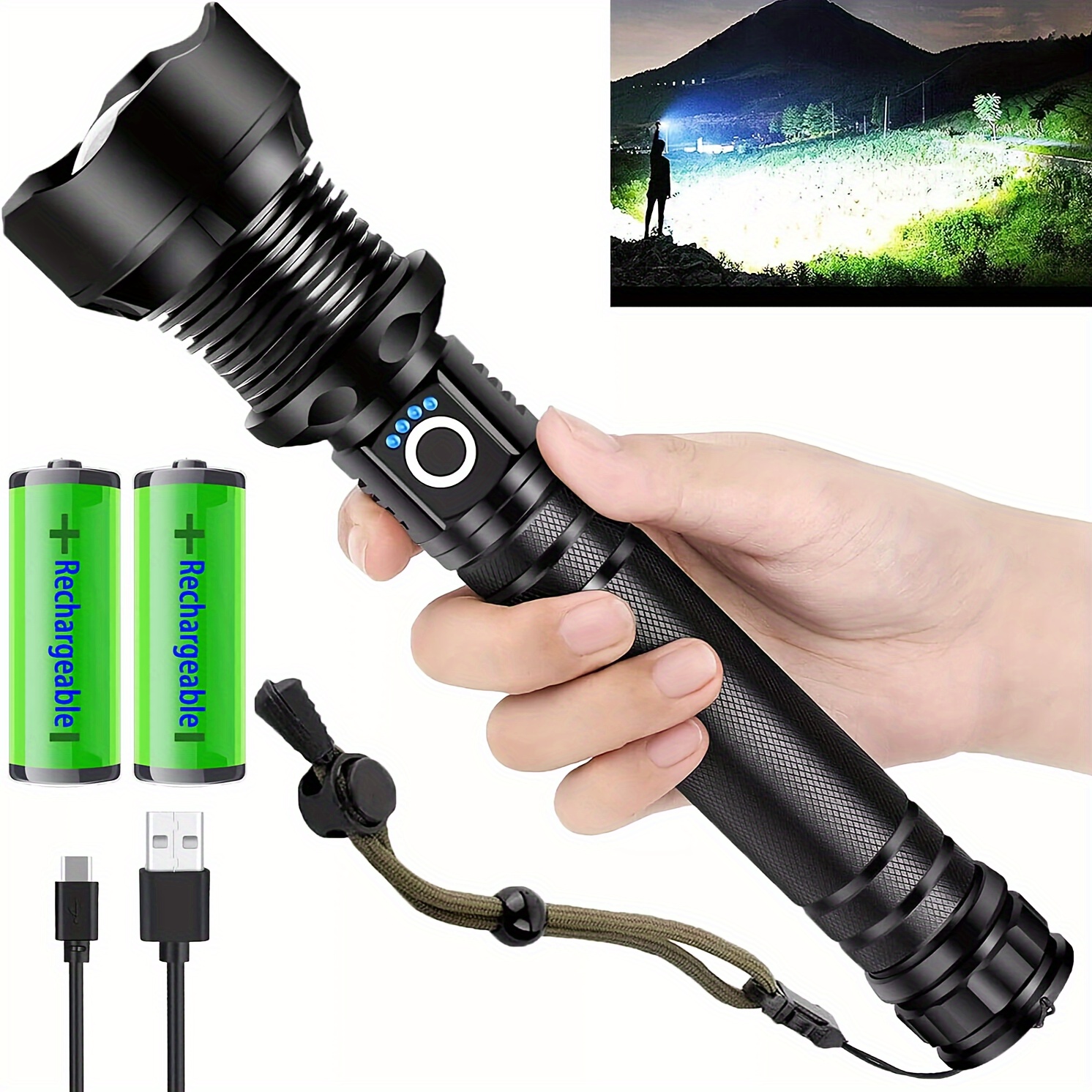 TEMU 1pc Handheld Bright Flashlight, Led Flashlight Flashlight Zoom Flashlight, Tactical Flashlight-3 Lighting , Power Indicator Light, Suitable For