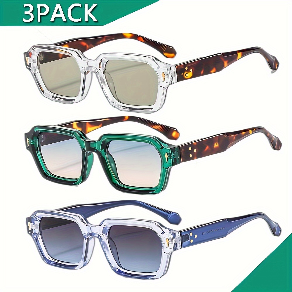 

3pcs Men's Square Frame Glasses For Hiking, Climbing, And Casual Wear - Uv Protective Polycarbonate Lenses With Cleaning Cloth