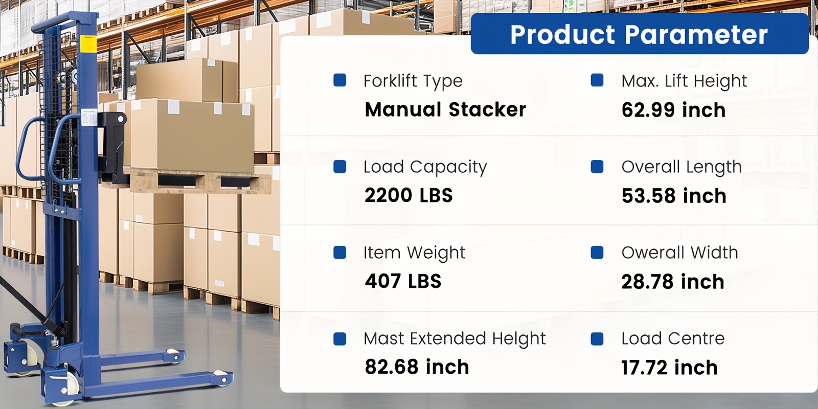 industrial heavy duty 2200lbs manual hydraulic pallet stacker adjustable lift height 3 78 63 fixed legs blue metal grid design adjustable forks for open   block pallets ideal for     industrial use Product details 1