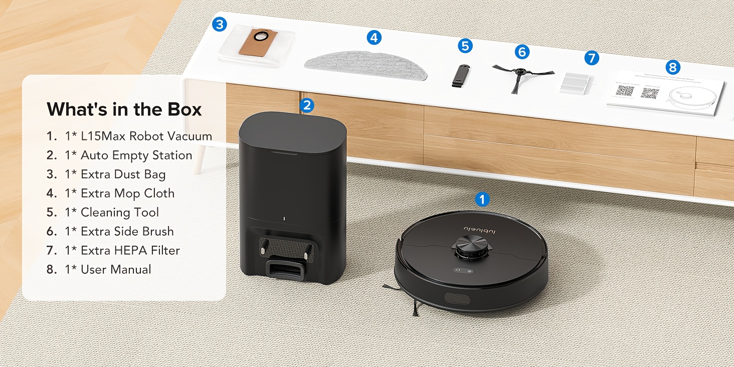 Die Lubluelu L15 MAX Saugroboter und Wischmopp ist eine verbesserte Version der L15 Plus, mit einer 3-in-1-Funktion zum Kehren, Saugen und Wischen. Sie wird mit einer selbstentleernden Station geliefert, die bis zu 3 Liter Fassungsvermögen für 70 Tage hat.