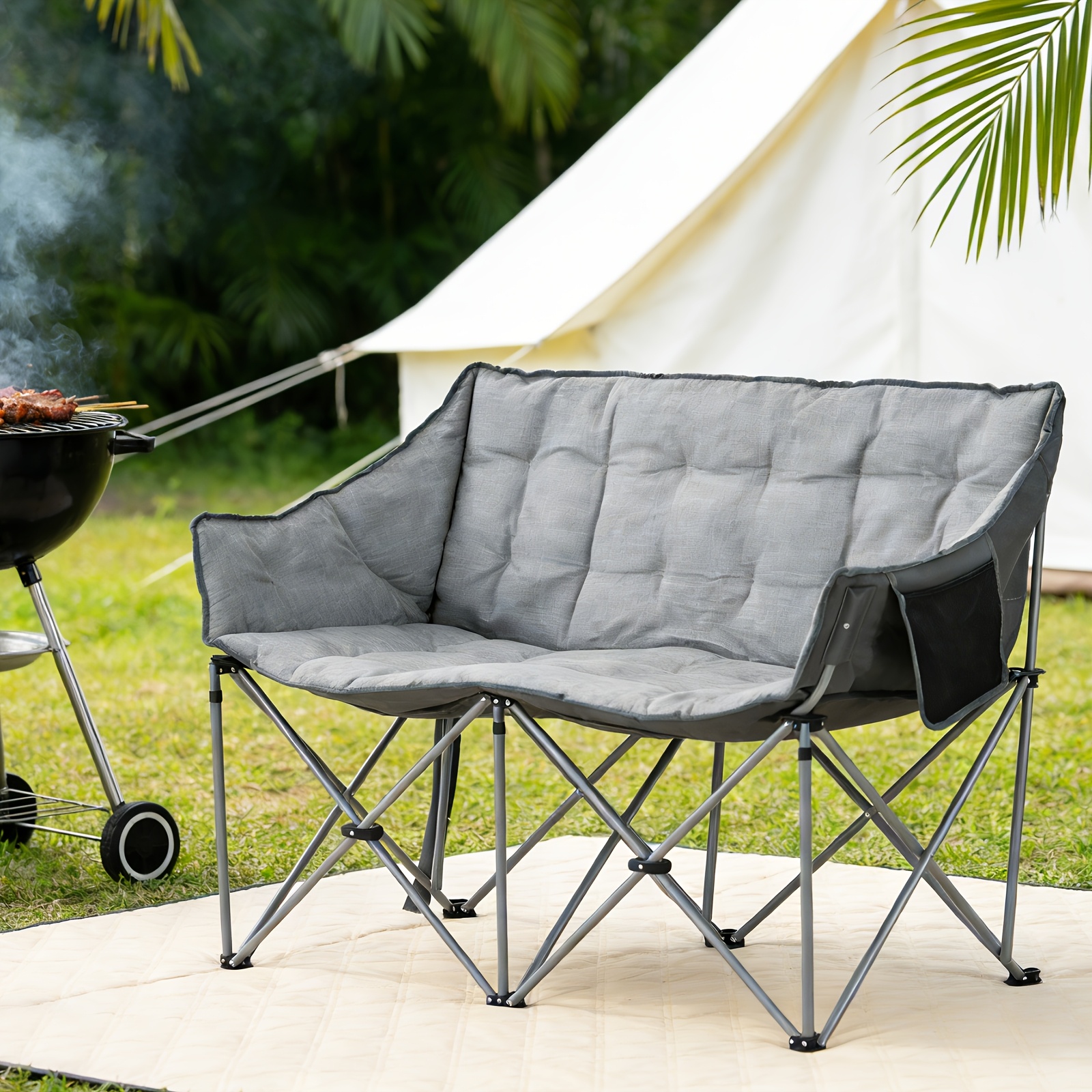 Two-person Camping Chair Designed For Adults, Featuring A Cushioned Folding Love Seat Bench With A Side Pocket. This Portable Outdoor Couch Can Support Up To 650