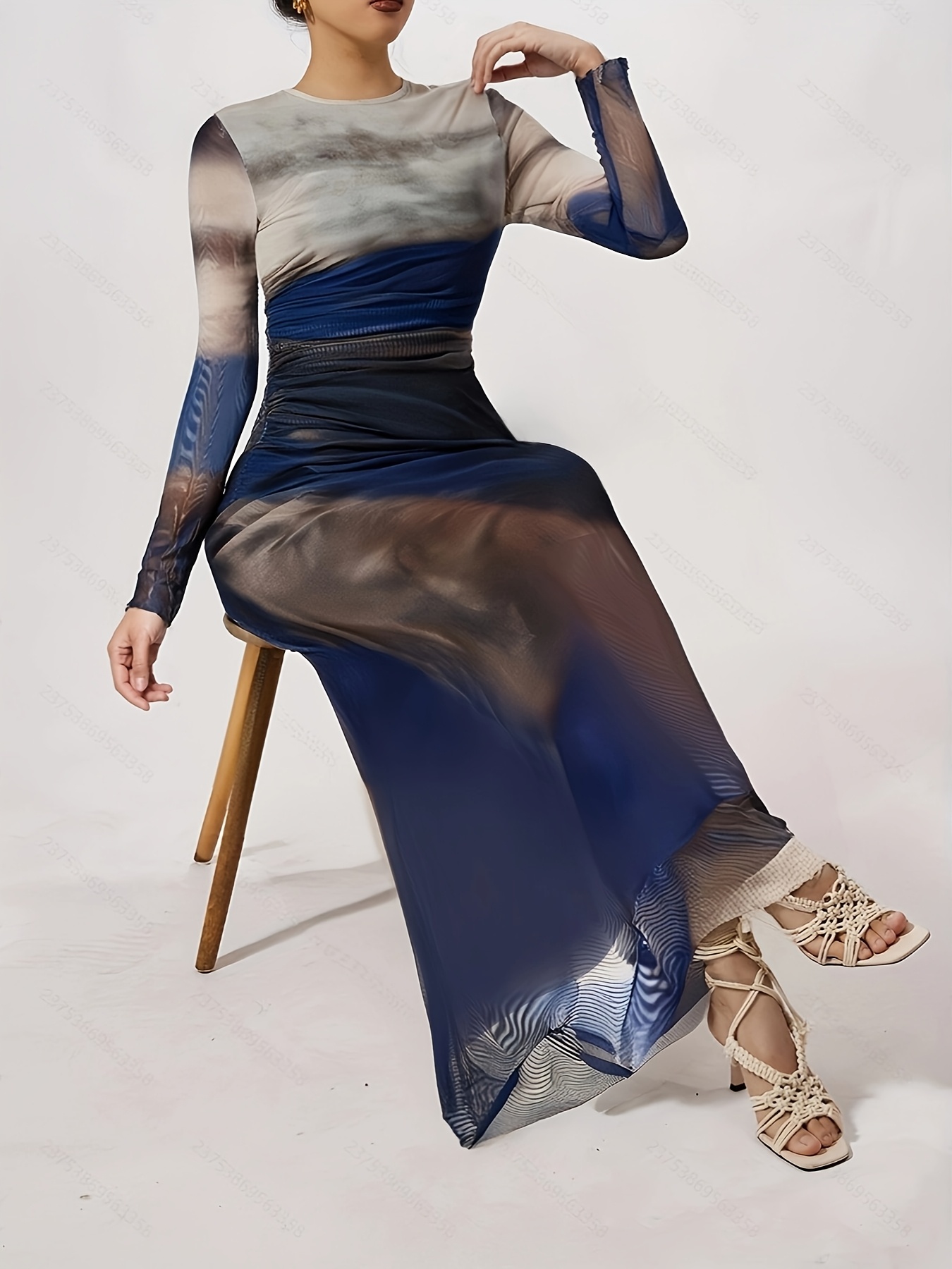 Women's Sexy Formal Wedding Bridegroom Print - Navy to Dark Blue Ombre, Bodycon Mermaid skirt with Stretchy Fabric for Bridesmaids, Prom, Parties - Elegant Evening Gown, Party Dress, Round Neckline, High Elasticity, Trendy Dress, Prom Night Outfit