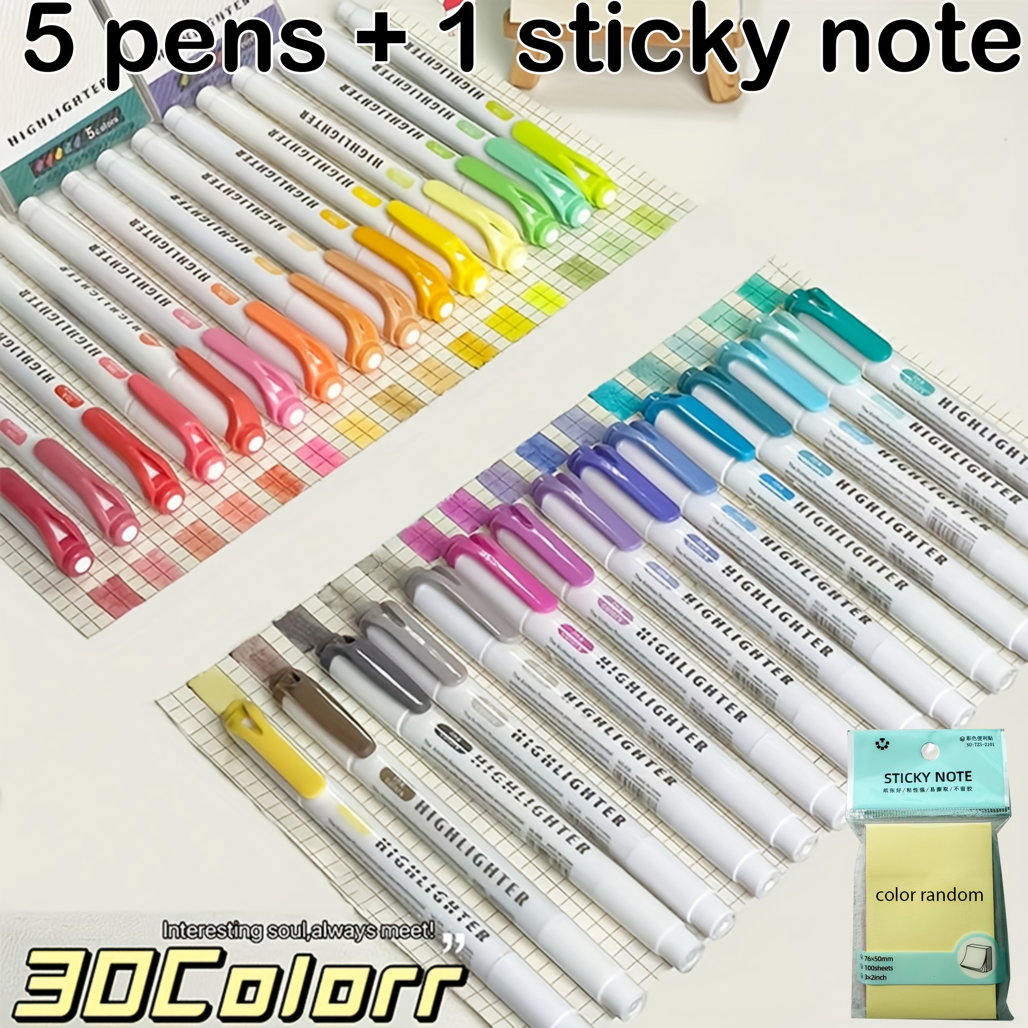 TEMU Lot de 5 marqueurs double pointe et 1 bloc de notes autocollantes, pointe fine et pointe large, séchage rapide, idéal pour de cours, fournitures