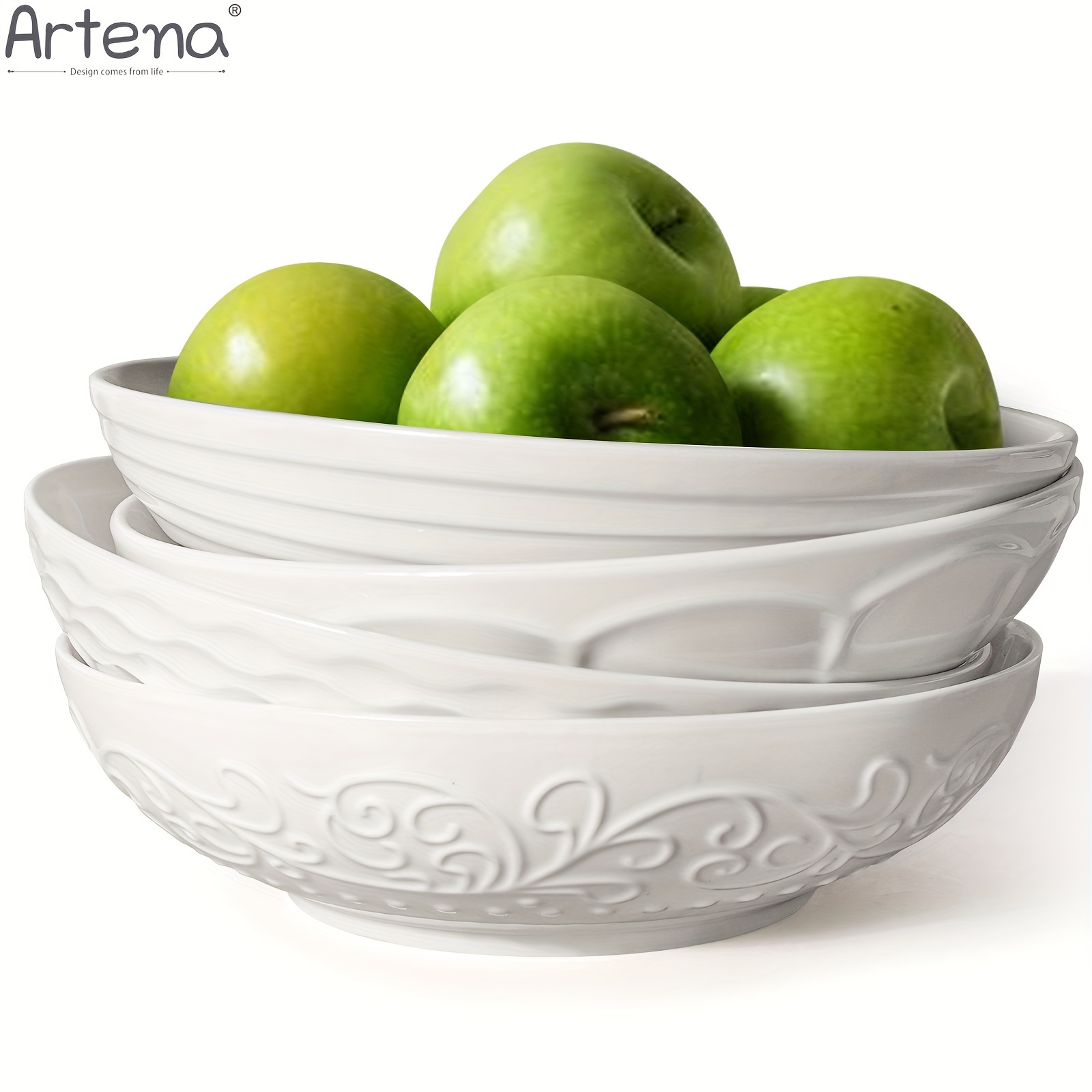 TEMU 4pcs Artena Pasta Bowls 32oz/,ceramic Large Salad Bowls 7.9''/8'',embossed Soup Bowls,white Serving Bowls For Entertaining,wide Shallow Dinner