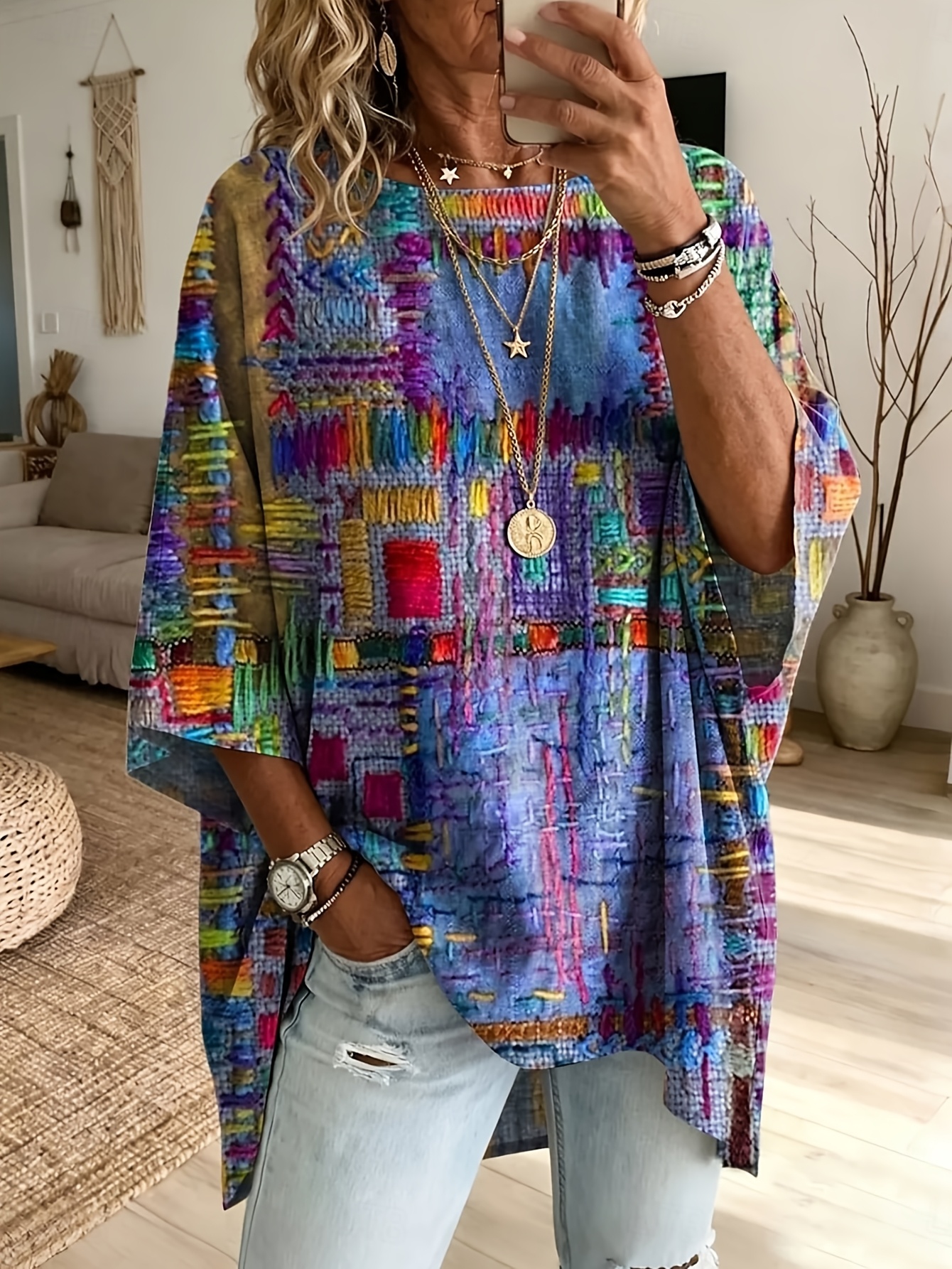 plus size plus size color block artistic     quarter sleeve sweatshirt womens   print loose drop shoulder daily outerwear casual tunic crew neck sweatshirt no accessories