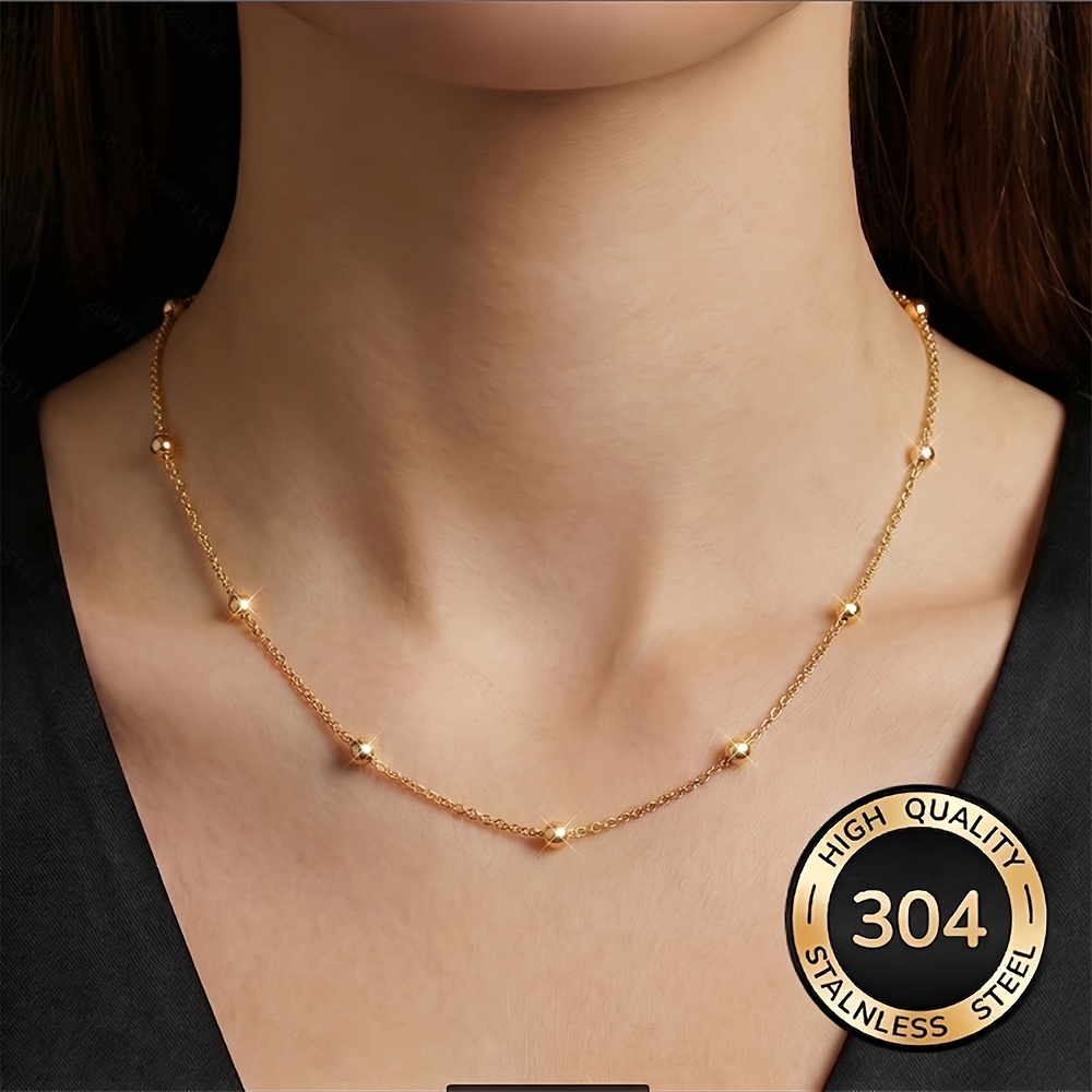 TEMU Collar de cadena de cuentas brillantes de acero inoxidable de calidad, ajustable, a , resistente a la decoloración, y versátil, elegante, un