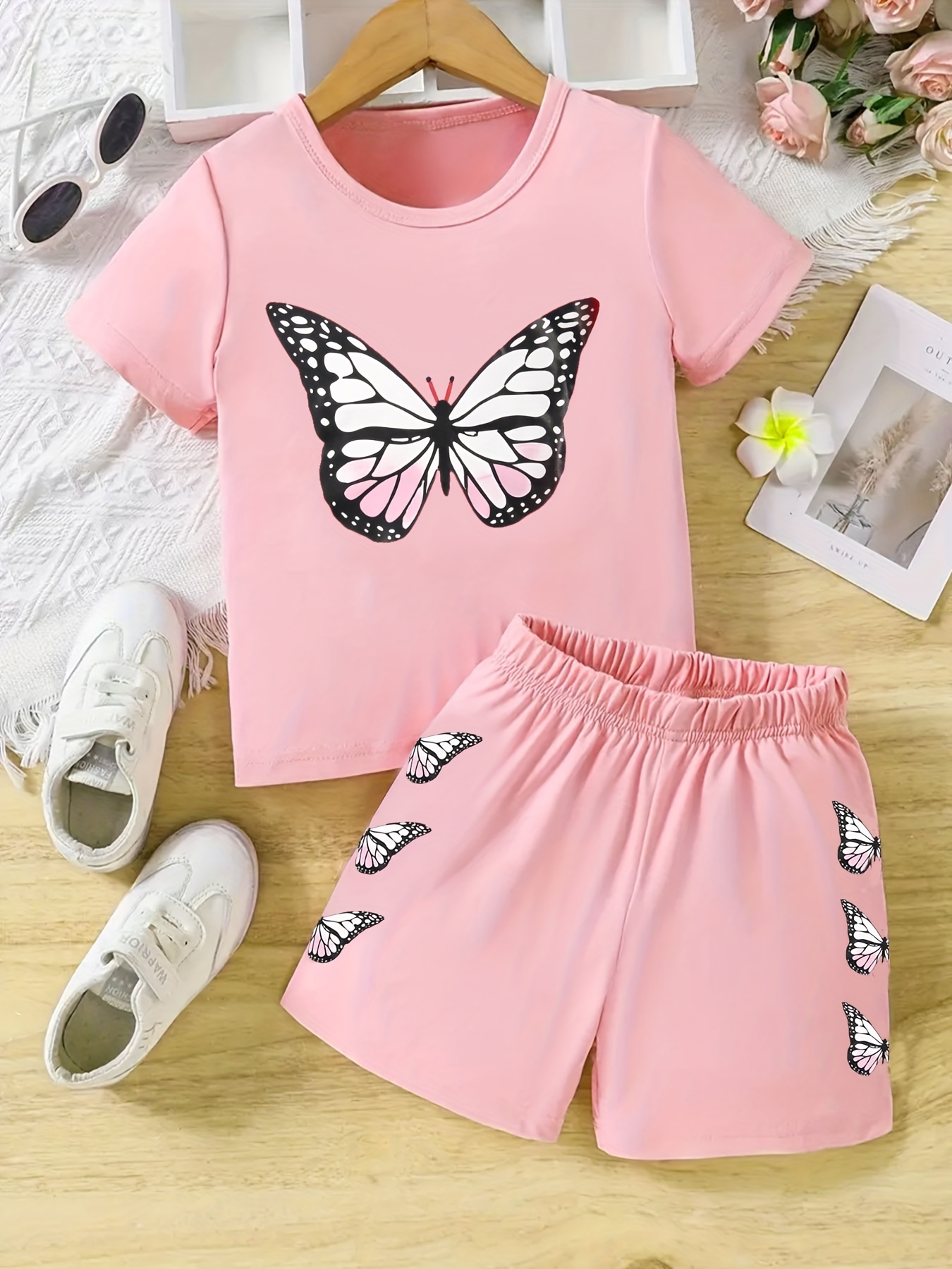 girls 2pcs butterfly graphic outfits short sleeve t shirt shorts set spring summer gift party sports