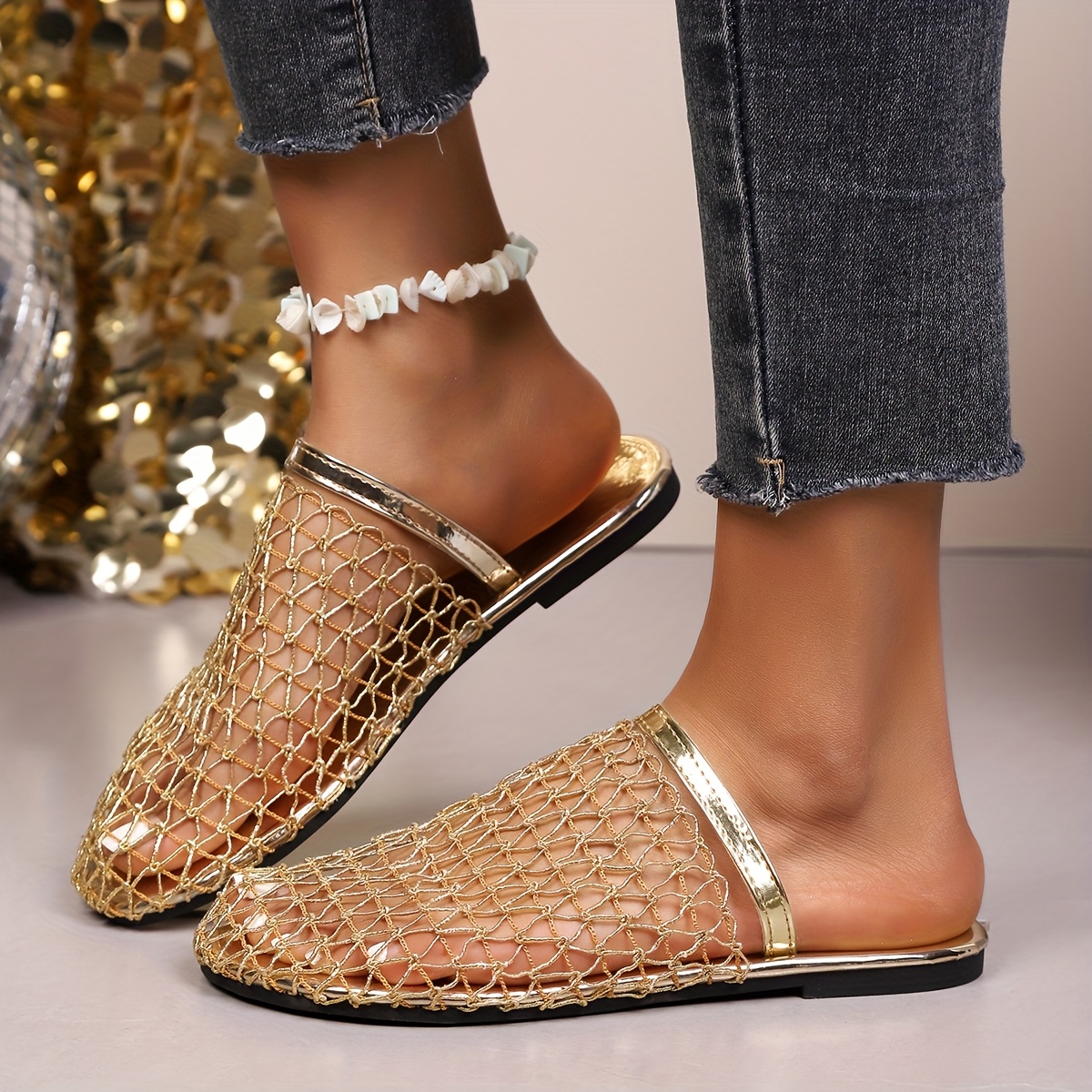 Women's Golden-Tone Woven Jute-like Moccasin Slippers Open-Toe Arch with  Lace-Up Strap Rubber Sole Casual Shoes with Cover Insole