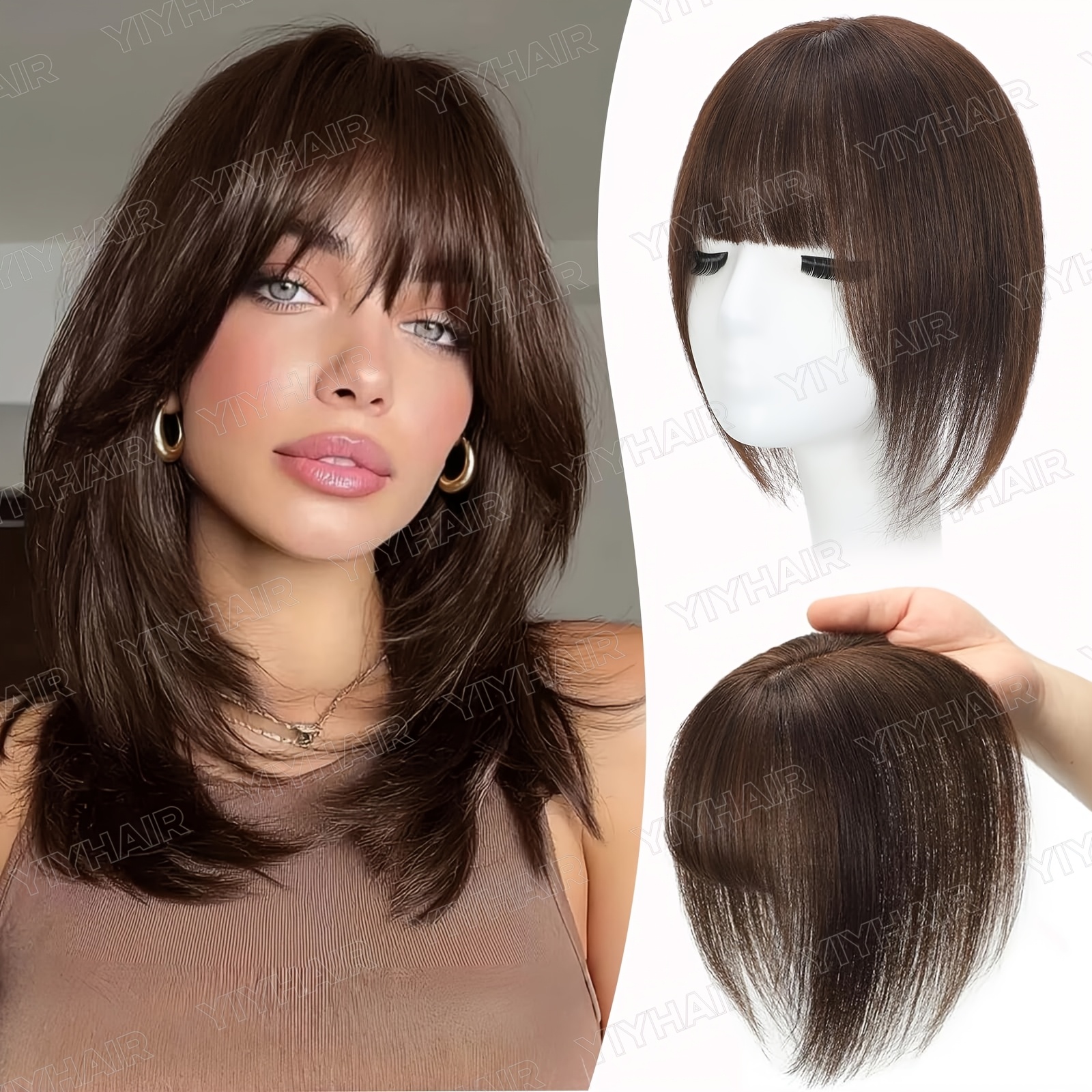 damen haarverlängerungen aus echtem menschlichem haar, mit pony und schweizerischer basis für 3d  , ideal für den täglichen gebrauch (ombre hellbraun mit blonden highlights) für mehr volumen und qualität