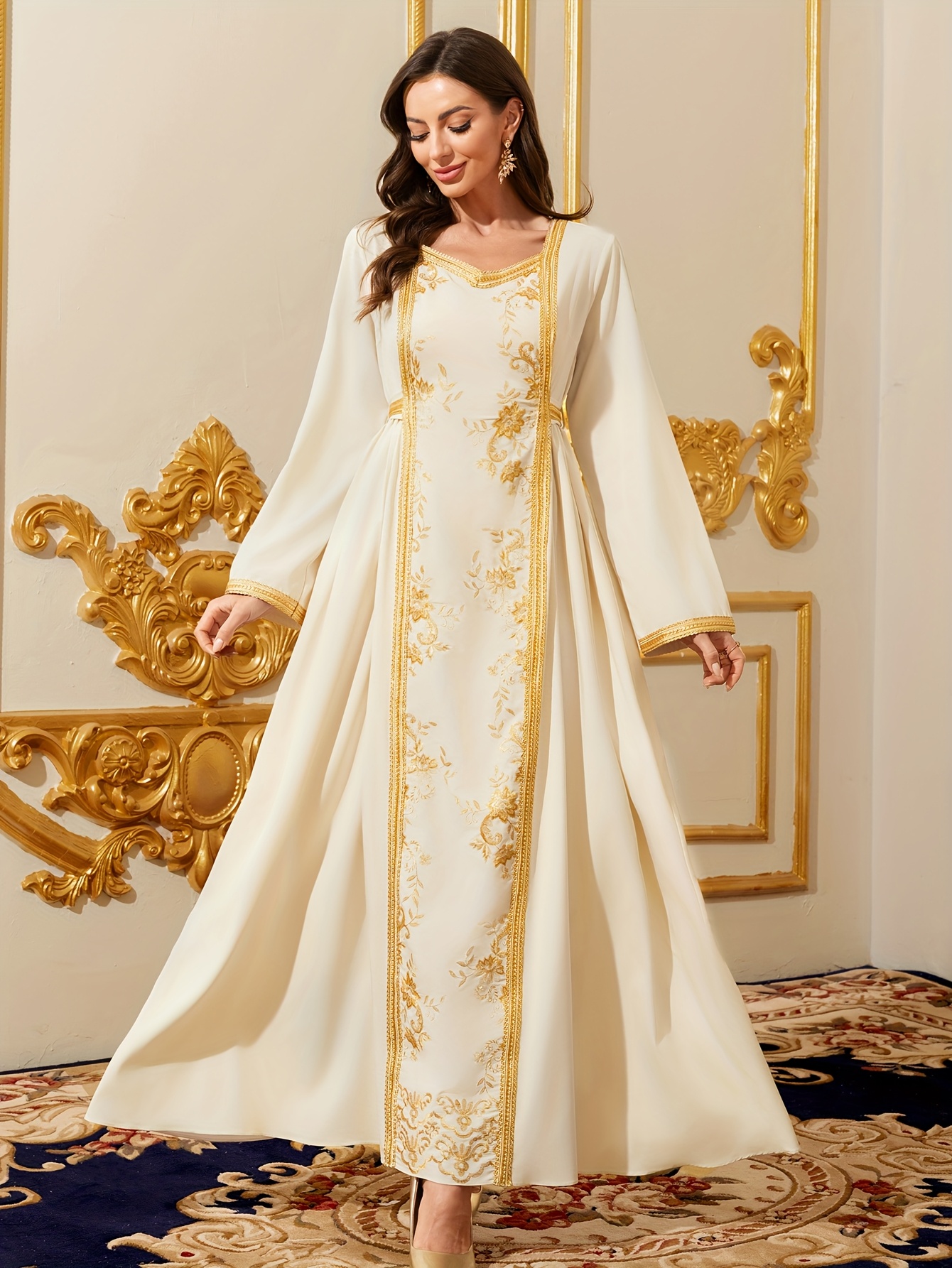 green emerald velvet dress Modest Muslim Woman's Two Piece Butterfly Abaya with Gold Sequins main image 1