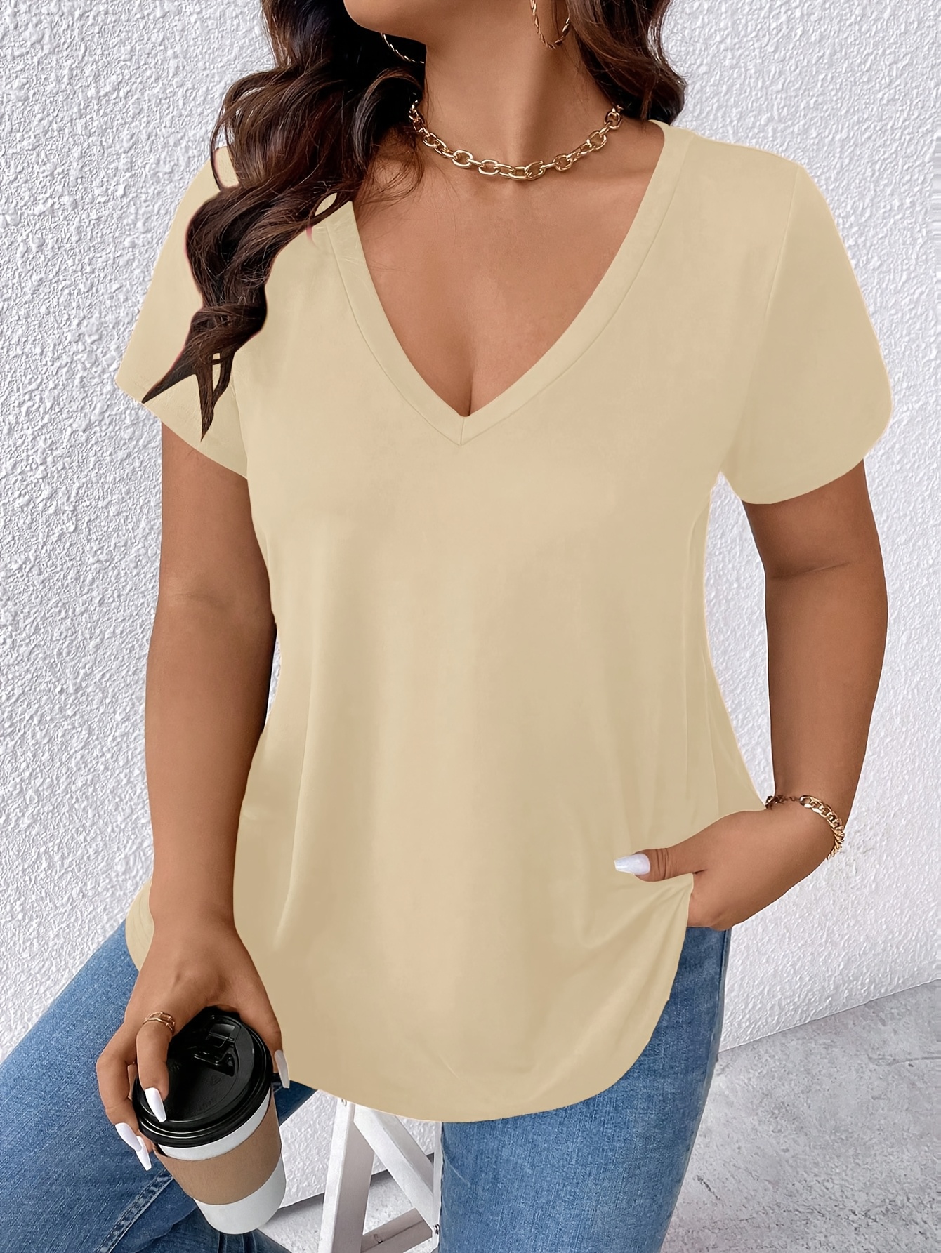 Women's Elegant V-Neck Short Sleeve T-Shirt - Soft Stretch Fabric, Machine Washable, Solid Color Casual Top for Spring Summer Fall, Seasonal Fashion, Versatile Clothing, Nontransparent Material