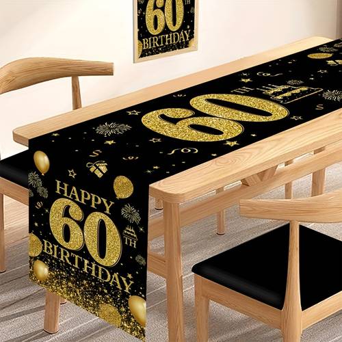 happy 60th birthday tablecovers black golden shiny old birthday party table decorations polyester tablecloth for home kitchen dining room decor men women 60th birthday anniversary party supplies