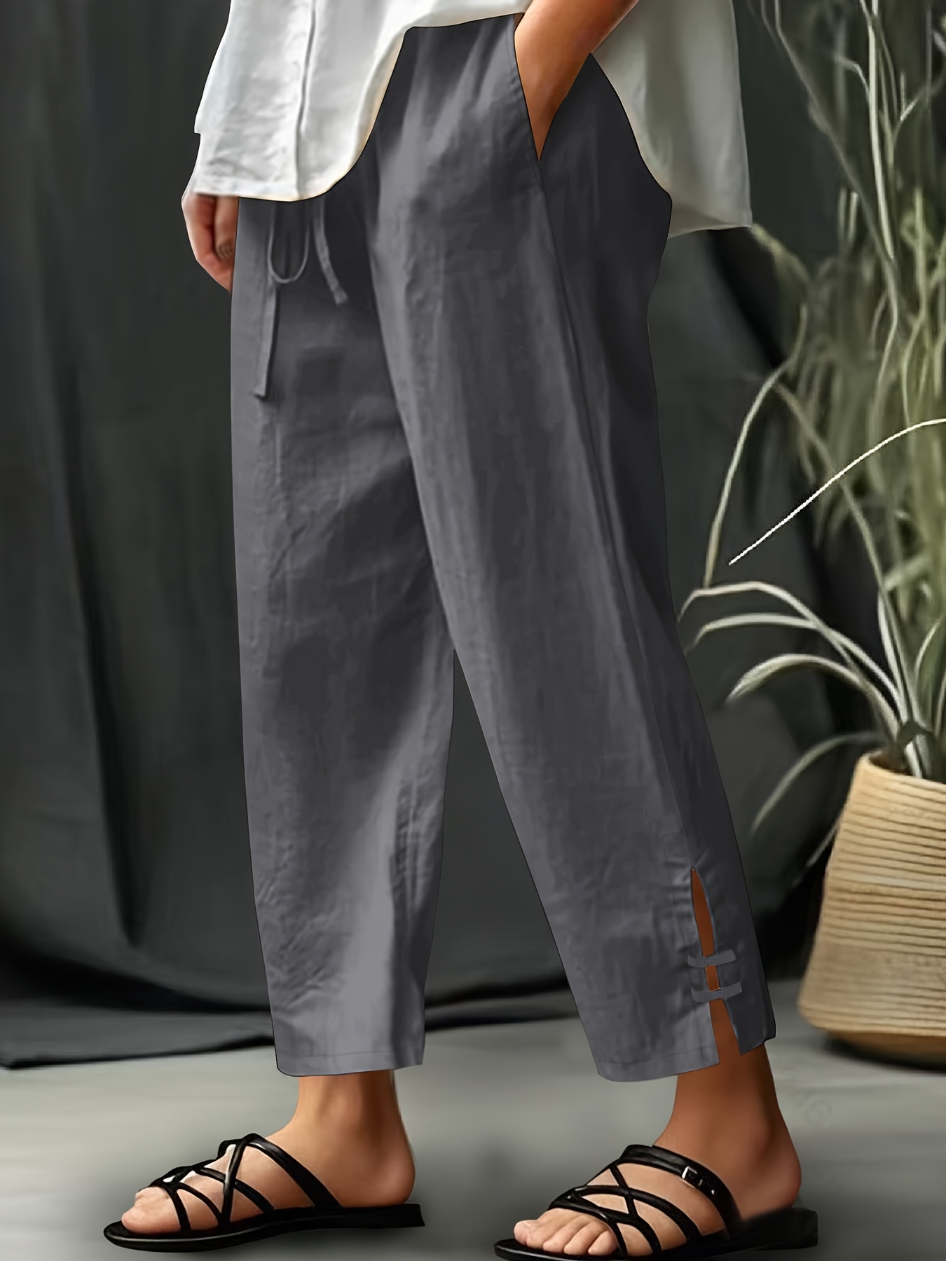 plus size plus size xiaofus directional   new stylish plus size womens textured elastic waist decorative rope tapered pants with elegant split cuffs