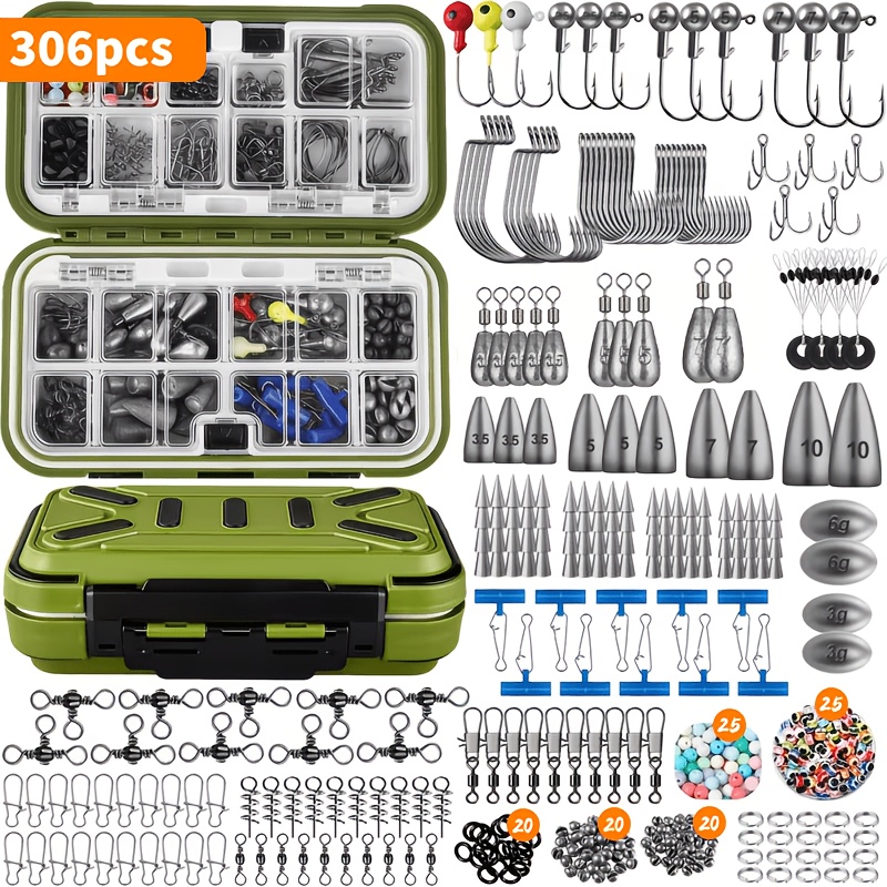 TEMU Kit d'accessoires de pêche 135/205/306 pièces, boîte de pêche avec matériel , hameçons, plombs, lame spinner, équipement de pêche pour achigan,
