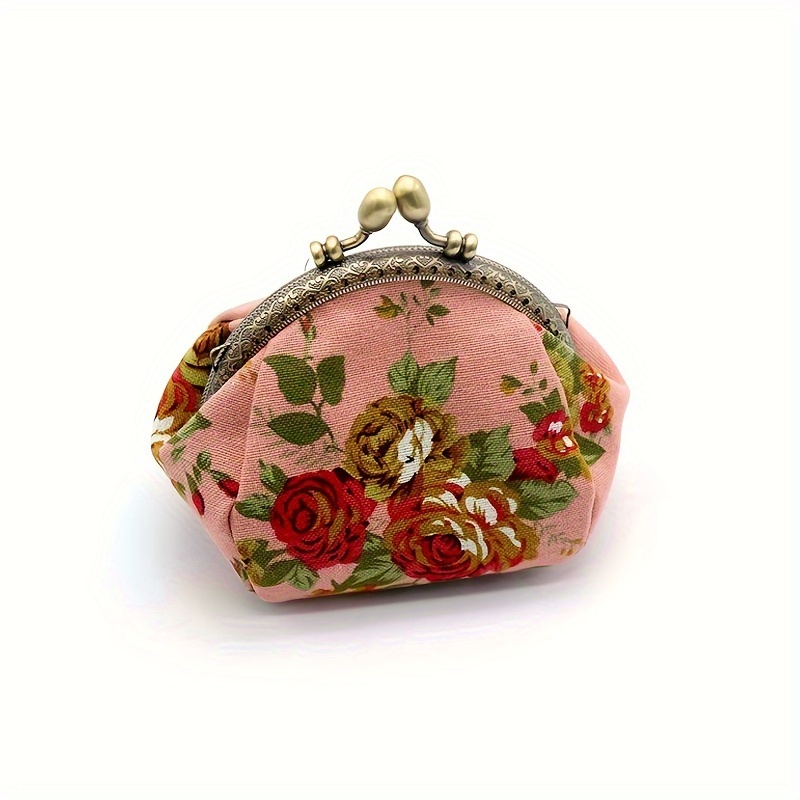 TEMU Vintage Kiss Lock Clutch Bag, Fabric Rose Print Wallet Card Holder Key Organizer, Lightweight Coin Purse Gift Bag For Outdoor Travel