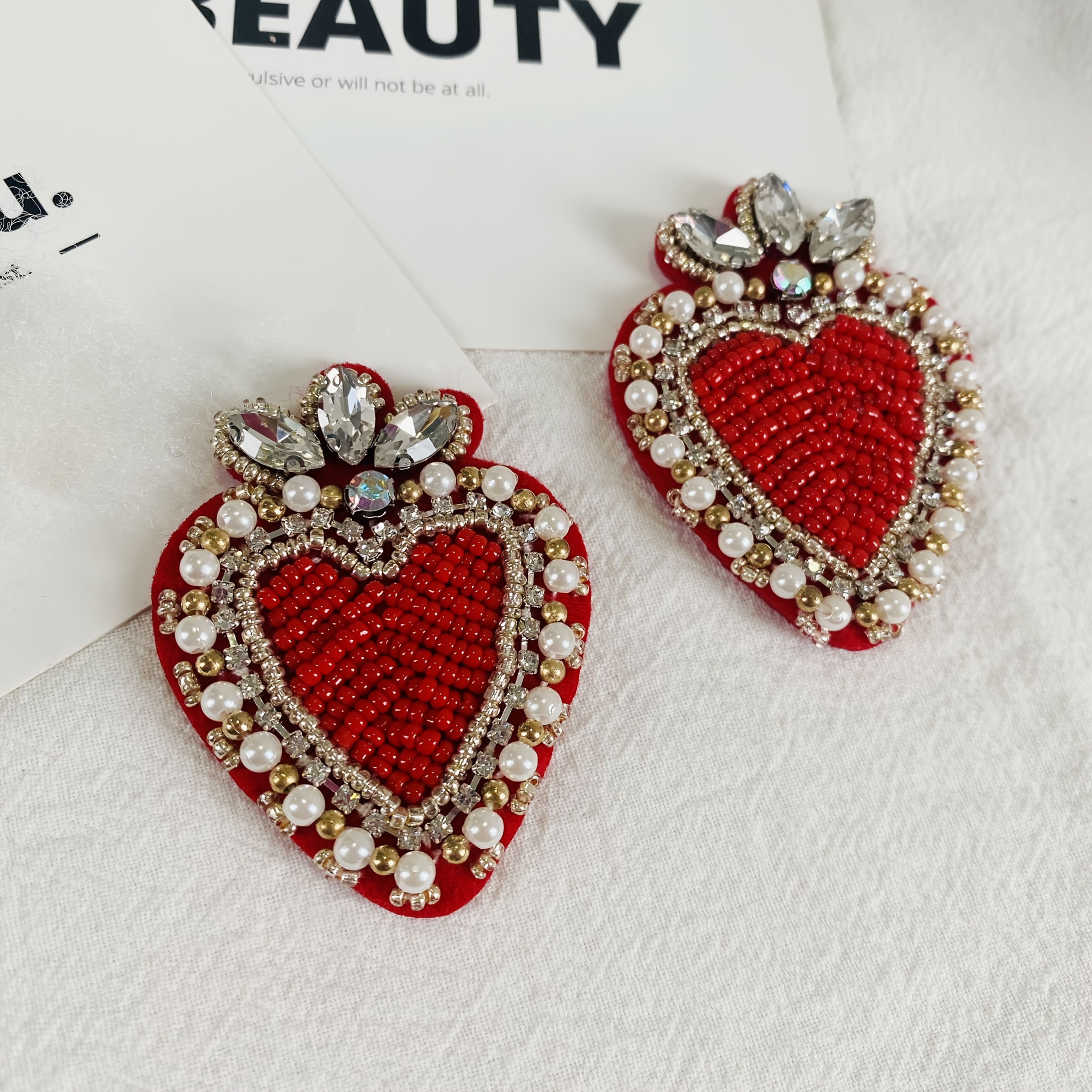 Image of 2pcs Heart Rhinestone Bead Patch Decorative Patches Handmade Bling Applique For Dress Clothing Jeans Jackets Handbag Bag Decorations